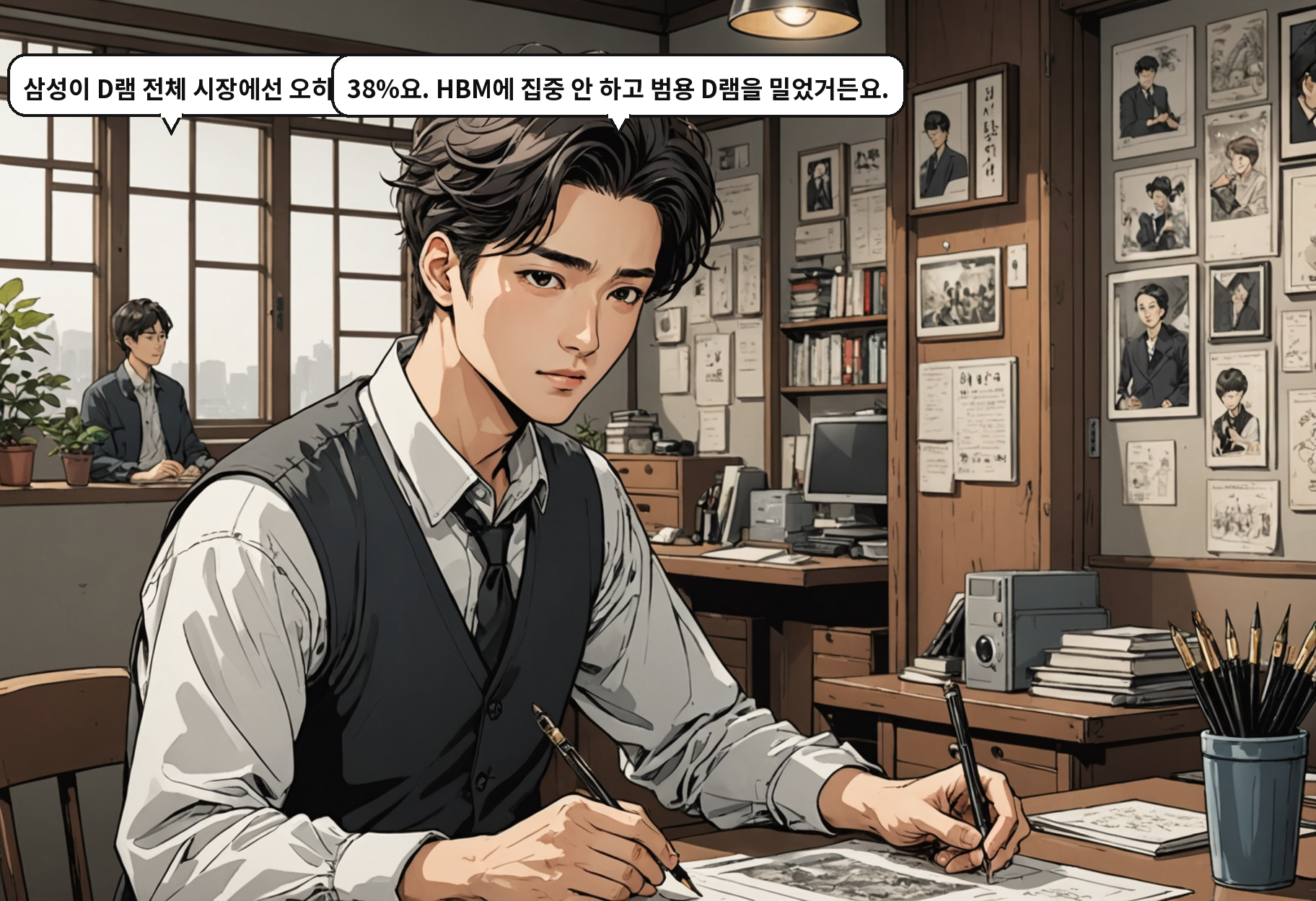 B: 삼성이 D램 전체 시장에선 오히려 1위라고요? A: 38%요. HBM에 집중 안 하고 범용 D램을 밀었거든요.
