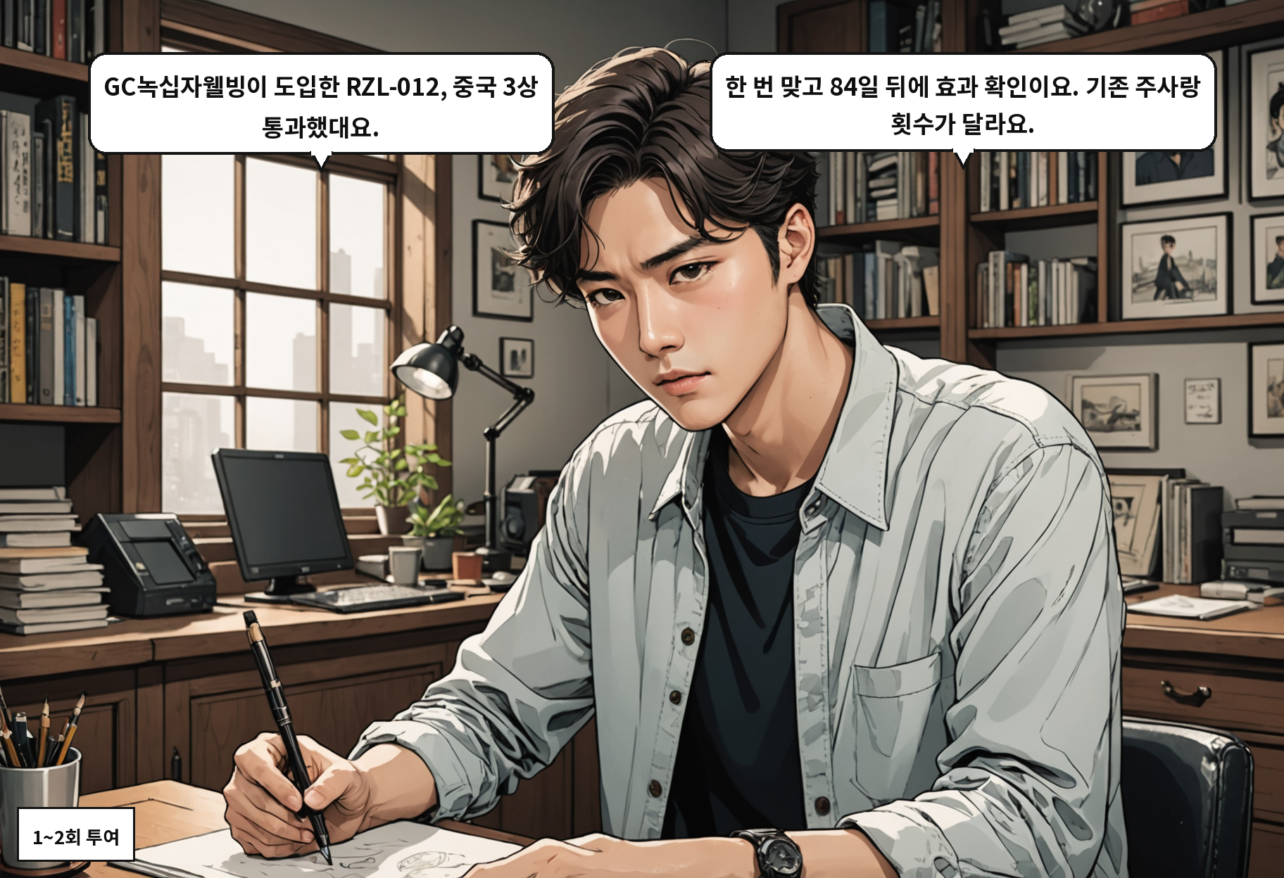 A: GC녹십자웰빙이 도입한 RZL-012, 중국 3상 통과했대요. B: 한 번 맞고 84일 뒤에 효과 확인이요. 기존 주사랑 횟수가 달라요.