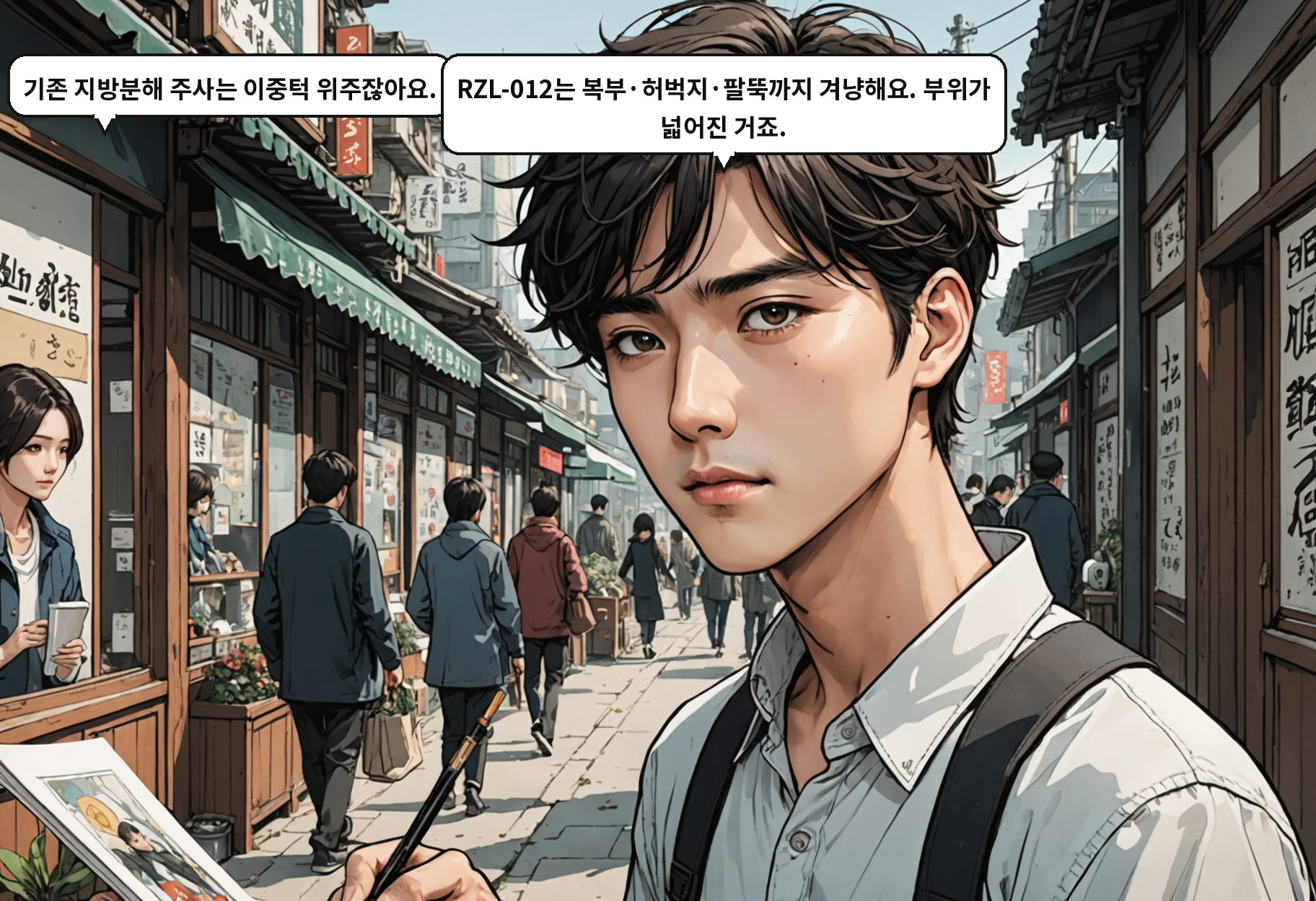 B: 기존 지방분해 주사는 이중턱 위주잖아요. A: RZL-012는 복부·허벅지·팔뚝까지 겨냥해요. 부위가 넓어진 거죠.