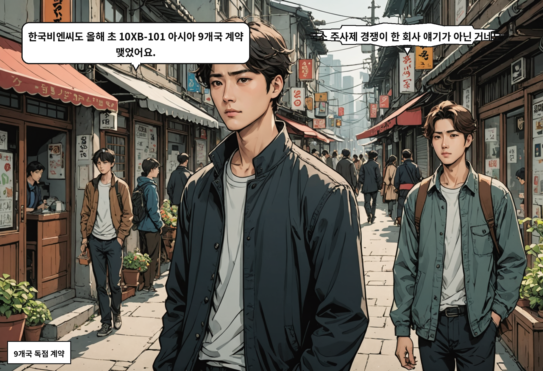 B: 한국비엔씨도 올해 초 10XB-101 아시아 9개국 계약 맺었어요. A: 국소 주사제 경쟁이 한 회사 얘기가 아닌 거네요.