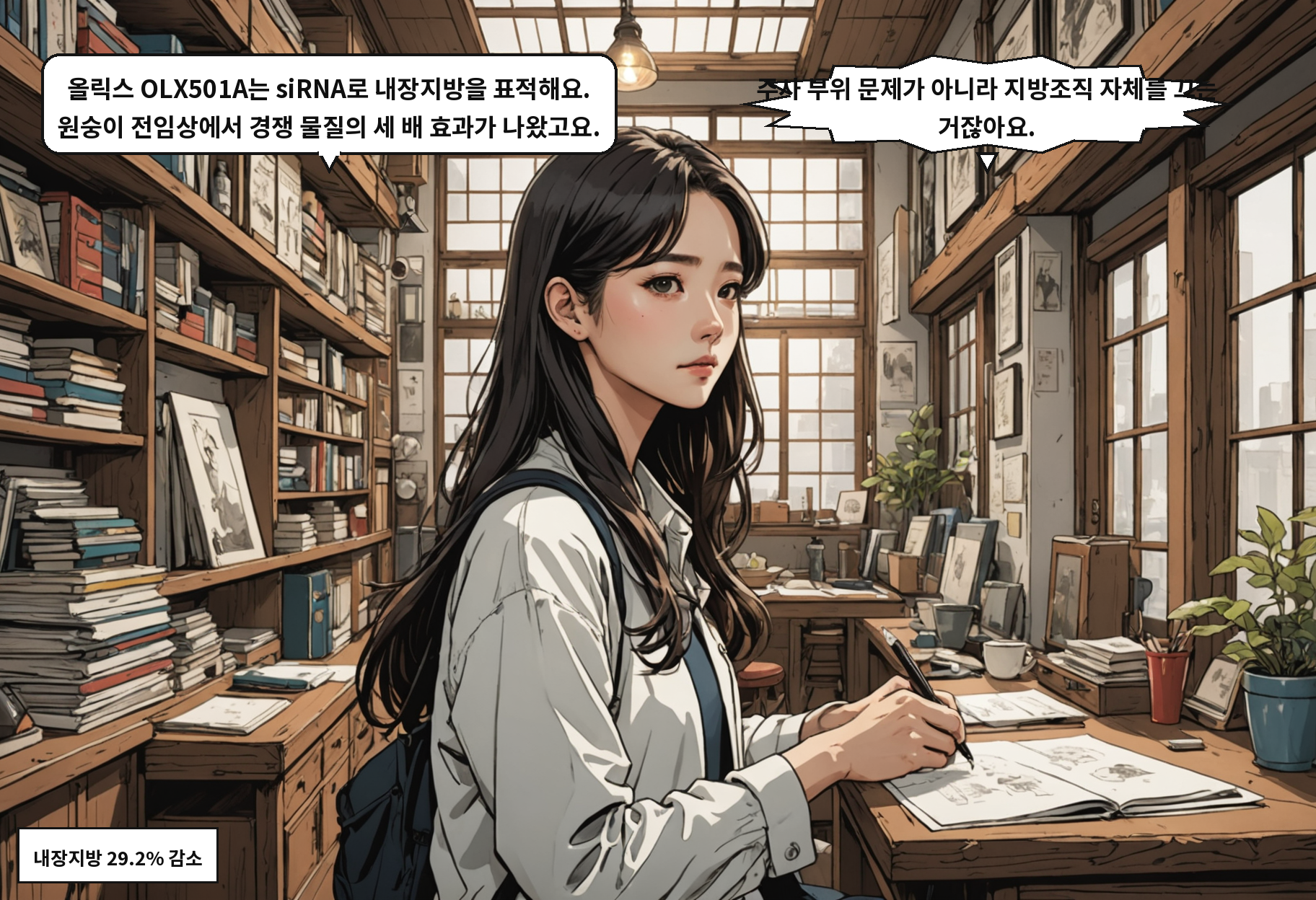 B: 올릭스 OLX501A는 siRNA로 내장지방을 표적해요. 원숭이 전임상에서 경쟁 물질의 세 배 효과가 나왔고요. A: 주사 부위 문제가 아니라 지방조직 자체를 끄는 거잖아요.