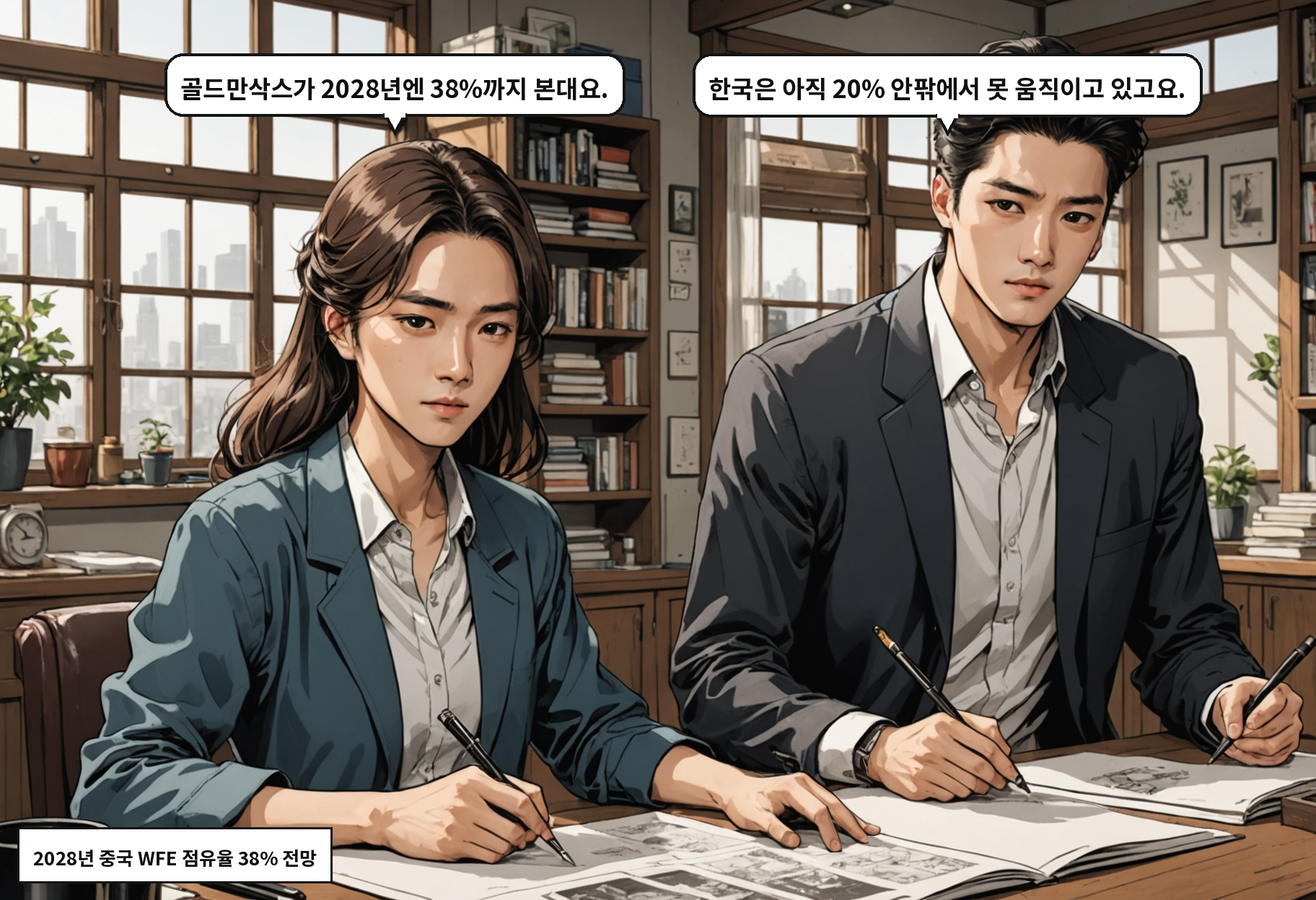 A: 골드만삭스가 2028년엔 38%까지 본대요. B: 한국은 아직 20% 안팎에서 못 움직이고 있고요.