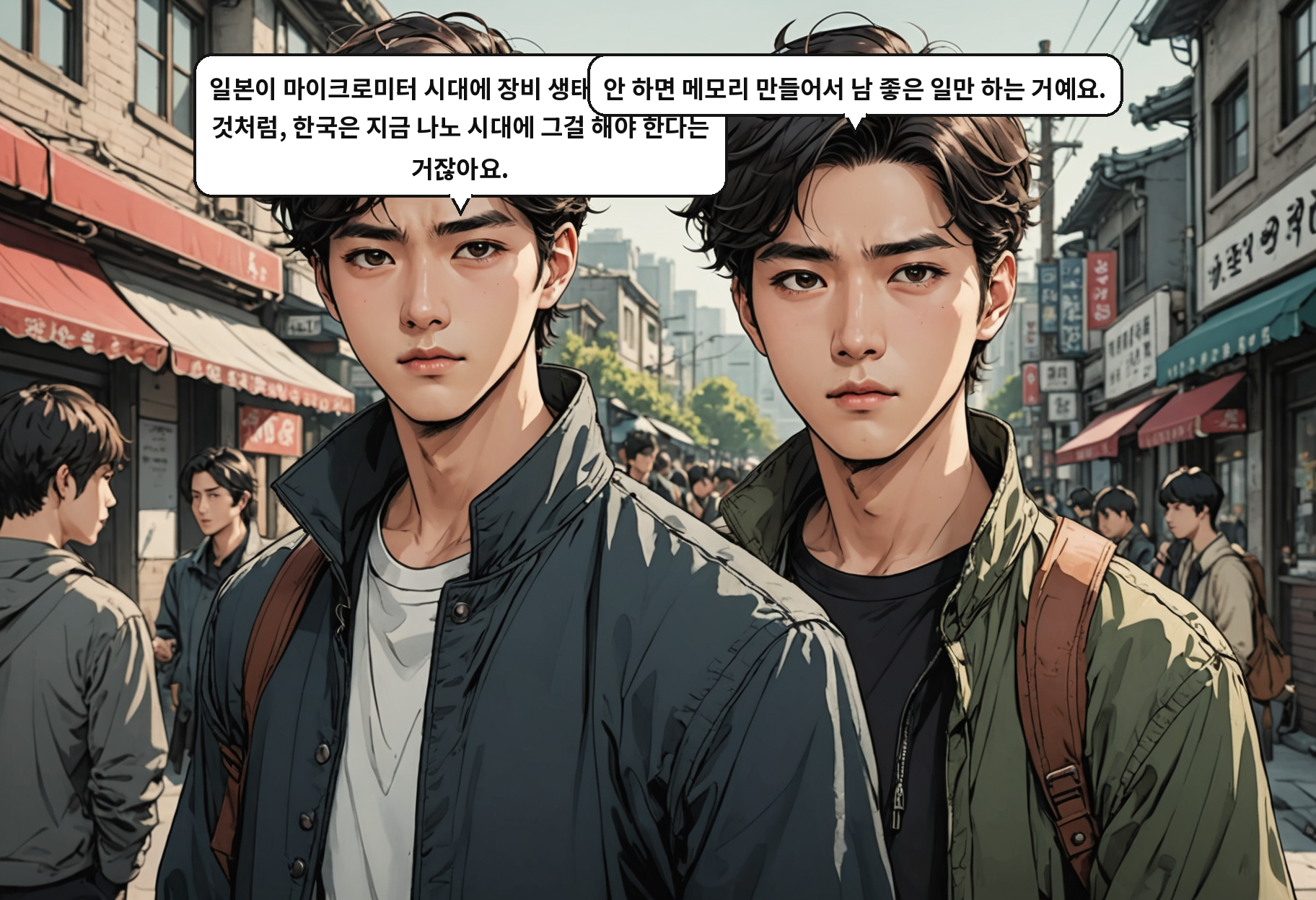 B: 일본이 마이크로미터 시대에 장비 생태계를 키웠던 것처럼, 한국은 지금 나노 시대에 그걸 해야 한다는 거잖아요. A: 안 하면 메모리 만들어서 남 좋은 일만 하는 거예요.