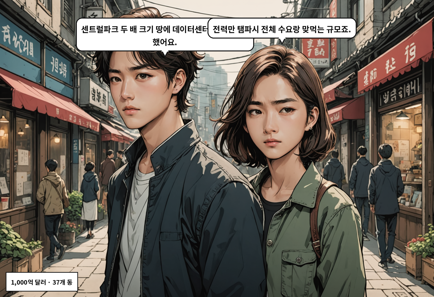 A: 센트럴파크 두 배 크기 땅에 데이터센터를 짓겠다고 했어요. B: 전력만 탬파시 전체 수요랑 맞먹는 규모죠.