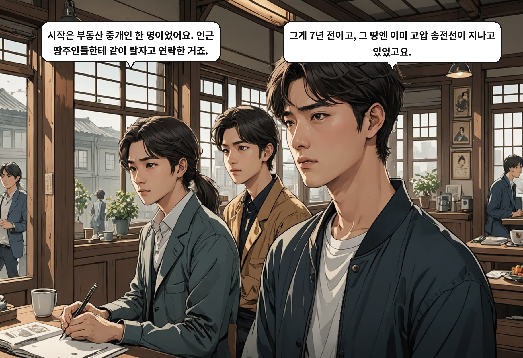 A: 시작은 부동산 중개인 한 명이었어요. 인근 땅주인들한테 같이 팔자고 연락한 거죠. B: 그게 7년 전이고, 그 땅엔 이미 고압 송전선이 지나고 있었고요.