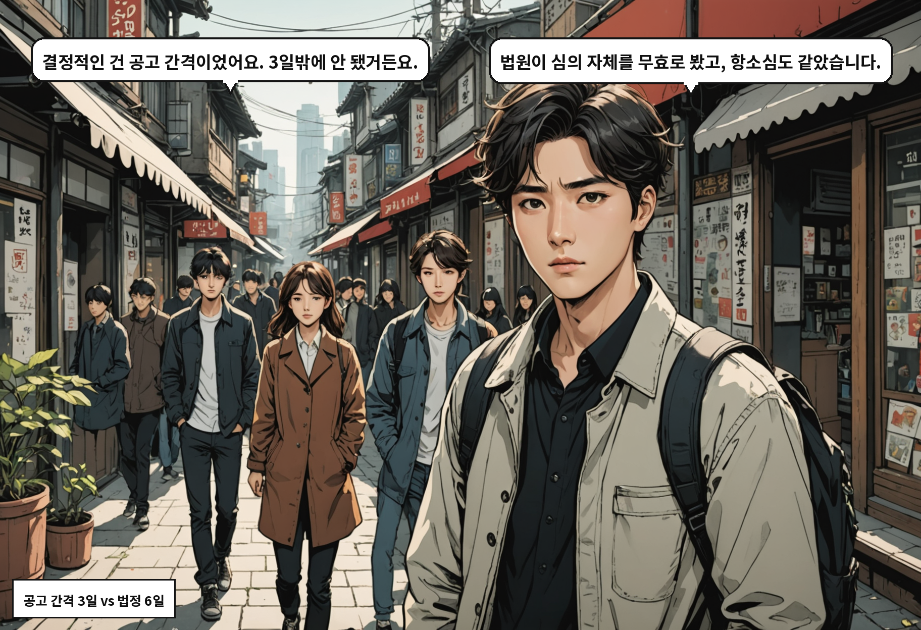 A: 결정적인 건 공고 간격이었어요. 3일밖에 안 됐거든요. B: 법원이 심의 자체를 무효로 봤고, 항소심도 같았습니다.