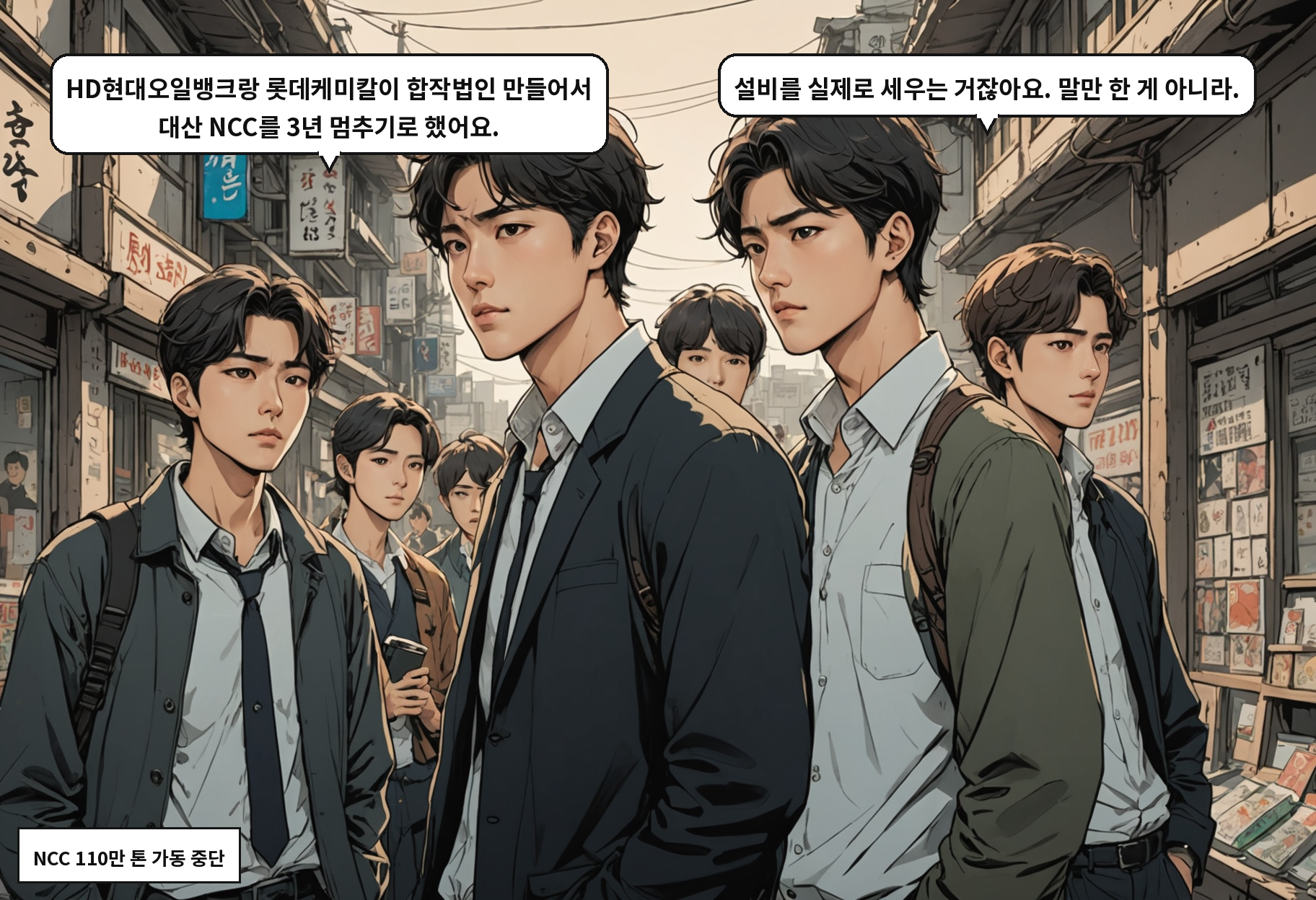 A: HD현대오일뱅크랑 롯데케미칼이 합작법인 만들어서 대산 NCC를 3년 멈추기로 했어요. B: 설비를 실제로 세우는 거잖아요. 말만 한 게 아니라.