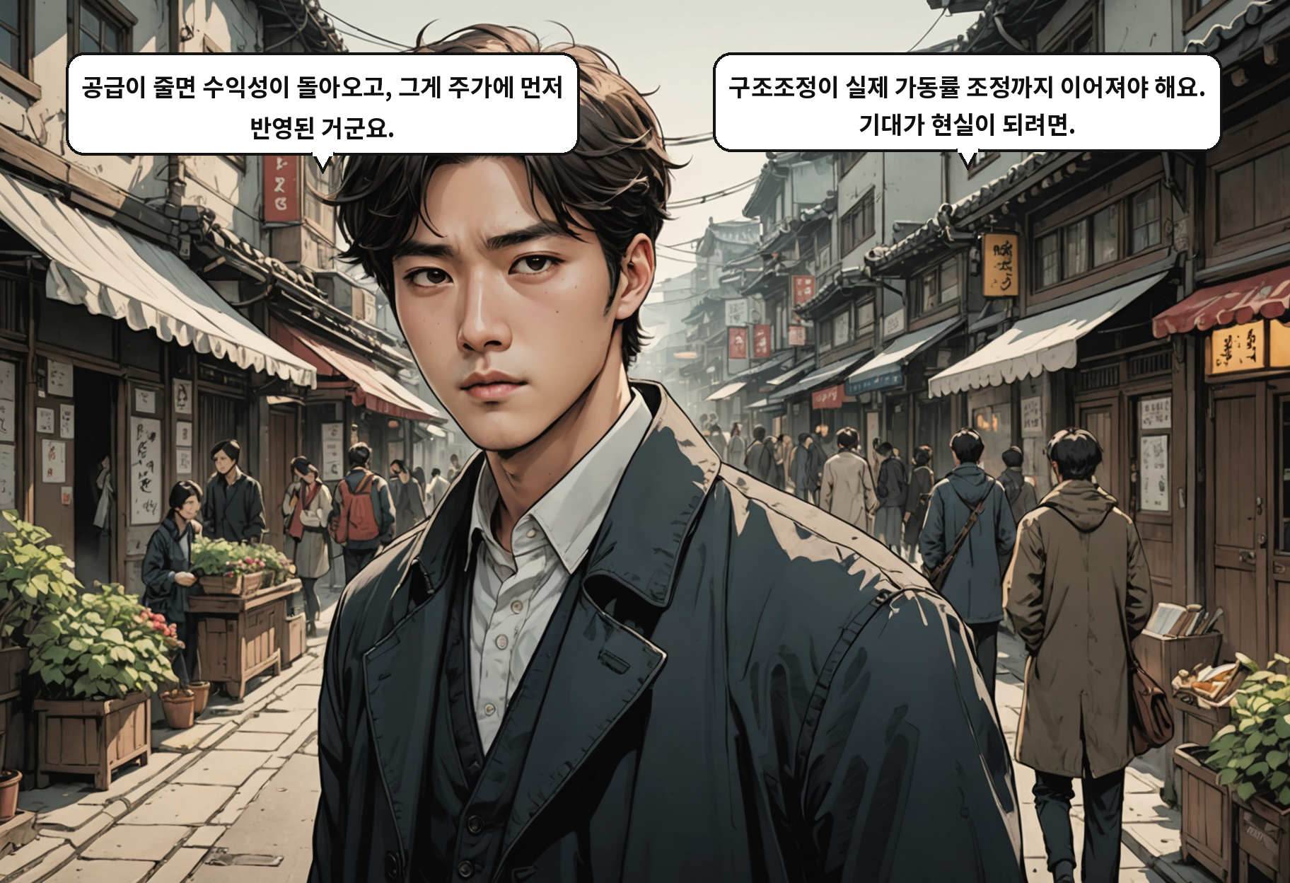 B: 공급이 줄면 수익성이 돌아오고, 그게 주가에 먼저 반영된 거군요. A: 구조조정이 실제 가동률 조정까지 이어져야 해요. 기대가 현실이 되려면.