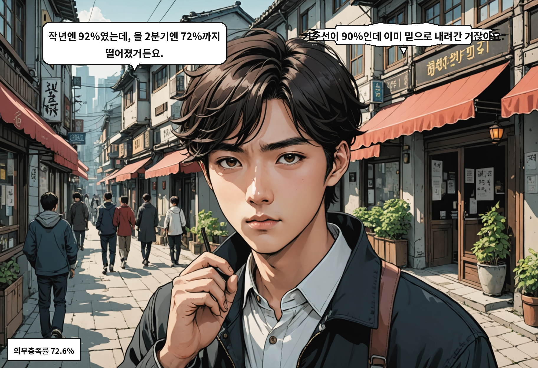 A: 작년엔 92%였는데, 올 2분기엔 72%까지 떨어졌거든요. B: 기준선이 90%인데 이미 밑으로 내려간 거잖아요.
