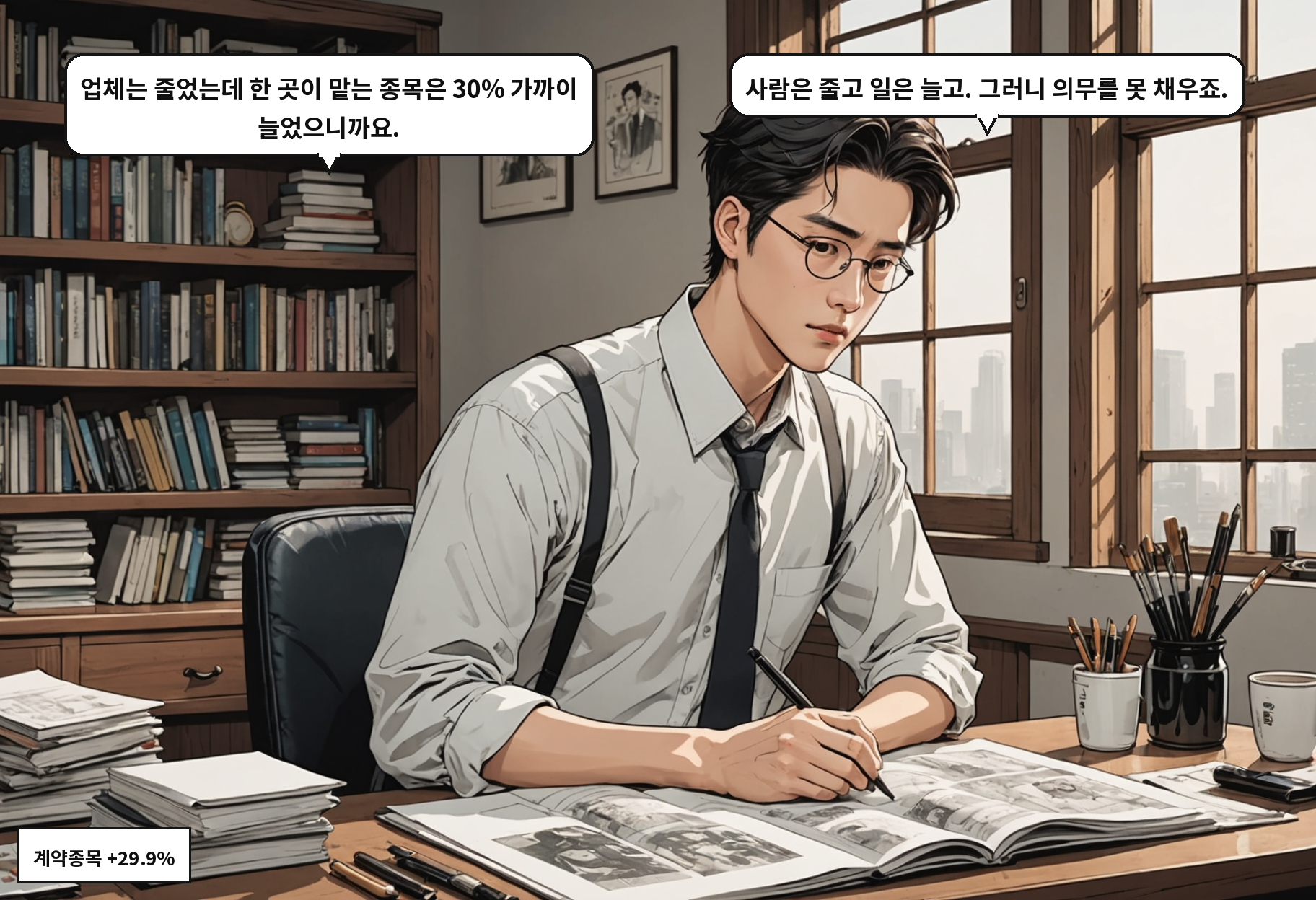 A: 업체는 줄었는데 한 곳이 맡는 종목은 30% 가까이 늘었으니까요. B: 사람은 줄고 일은 늘고. 그러니 의무를 못 채우죠.