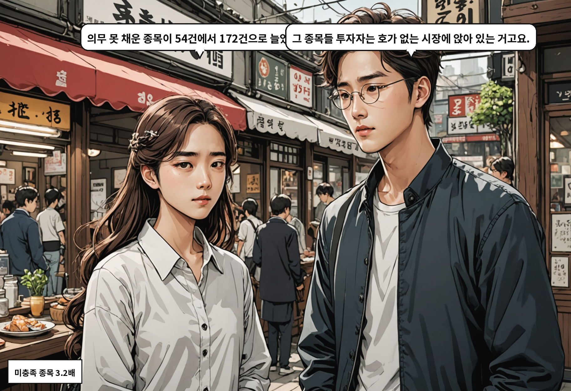 A: 의무 못 채운 종목이 54건에서 172건으로 늘었어요. B: 그 종목들 투자자는 호가 없는 시장에 앉아 있는 거고요.