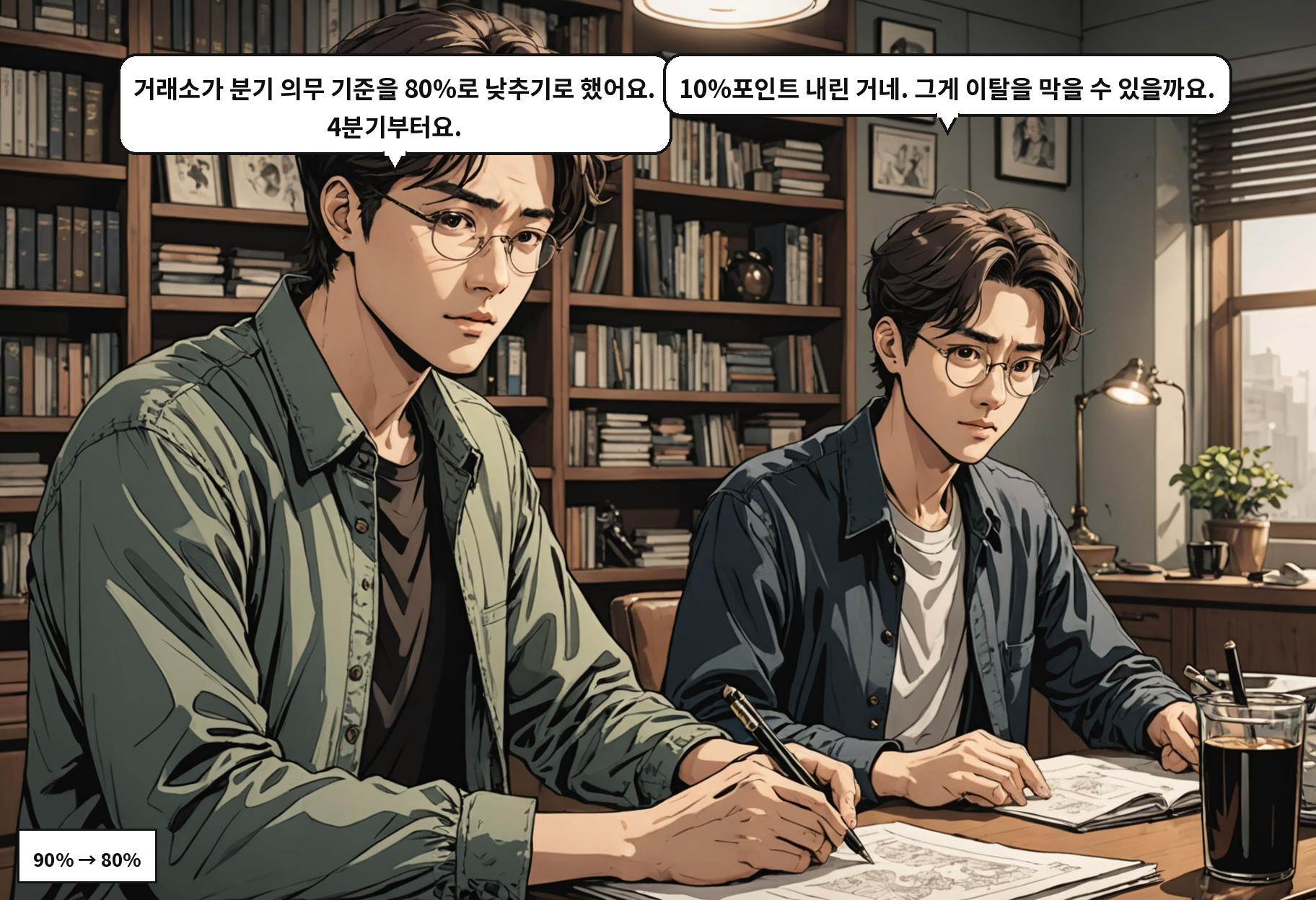 A: 거래소가 분기 의무 기준을 80%로 낮추기로 했어요. 4분기부터요. B: 10%포인트 내린 거네. 그게 이탈을 막을 수 있을까요.