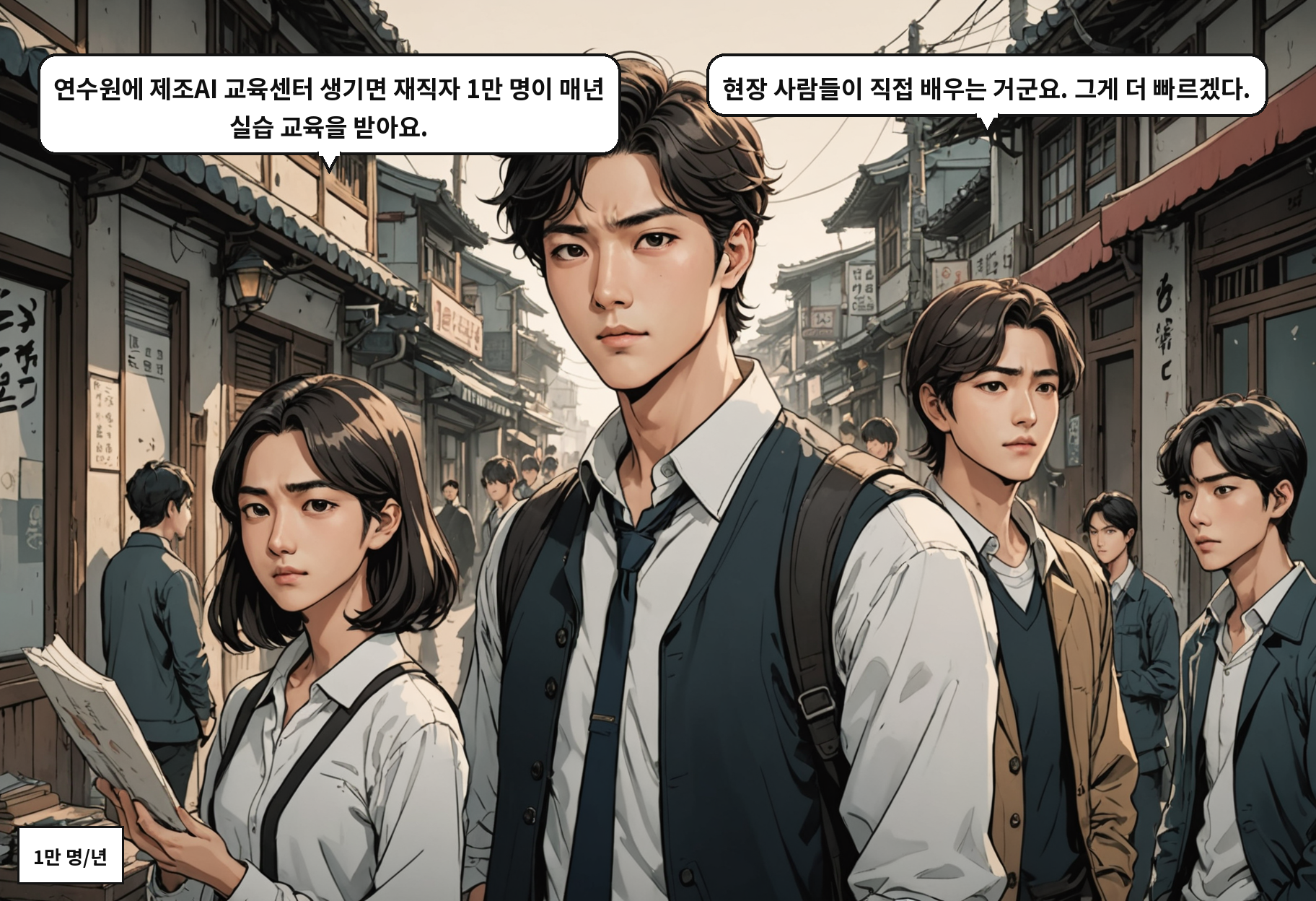 B: 연수원에 제조AI 교육센터 생기면 재직자 1만 명이 매년 실습 교육을 받아요. A: 현장 사람들이 직접 배우는 거군요. 그게 더 빠르겠다.