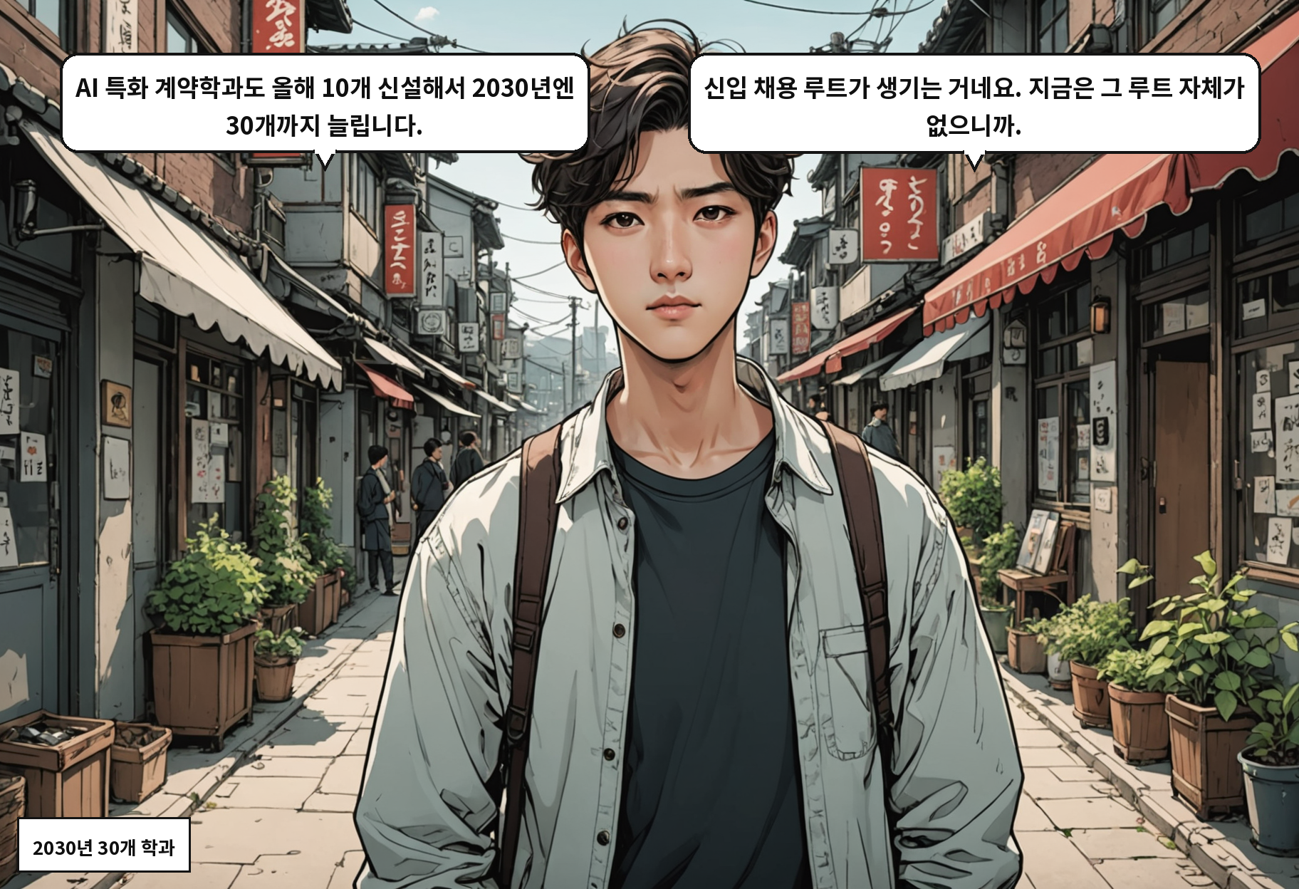B: AI 특화 계약학과도 올해 10개 신설해서 2030년엔 30개까지 늘립니다. A: 신입 채용 루트가 생기는 거네요. 지금은 그 루트 자체가 없으니까.