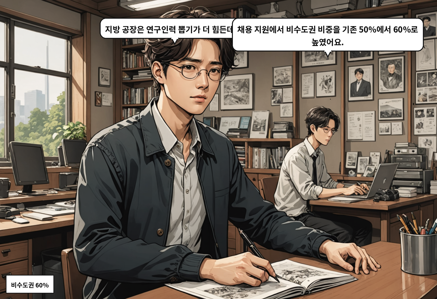 A: 지방 공장은 연구인력 뽑기가 더 힘든데요. B: 채용 지원에서 비수도권 비중을 기존 50%에서 60%로 높였어요.