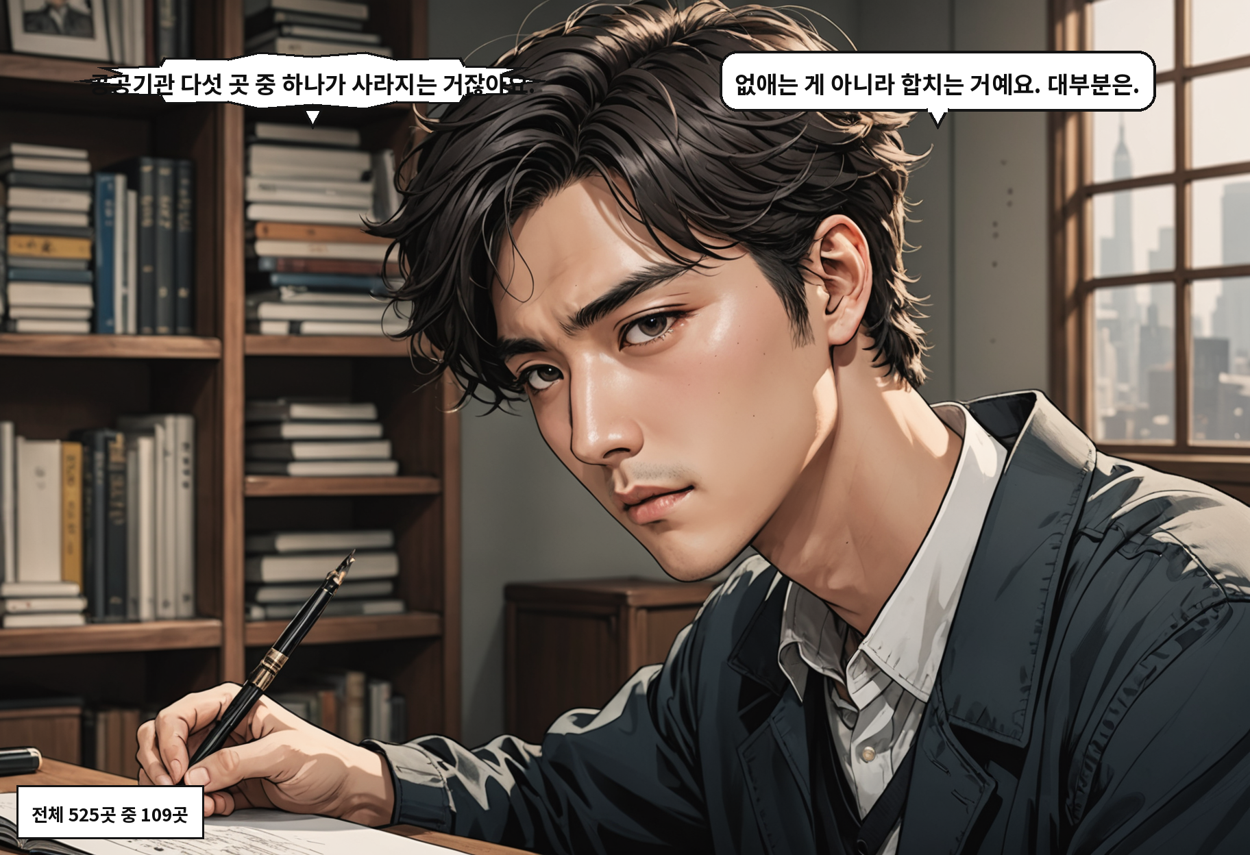 A: 공공기관 다섯 곳 중 하나가 사라지는 거잖아요. B: 없애는 게 아니라 합치는 거예요. 대부분은.