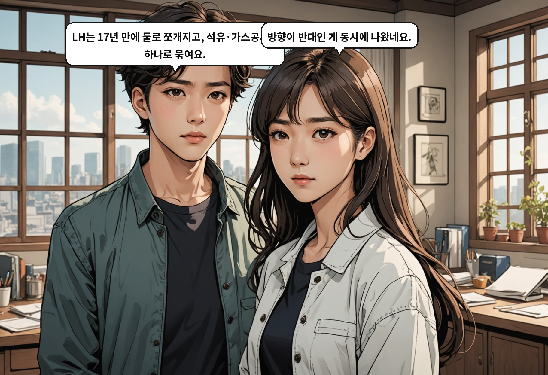 B: LH는 17년 만에 둘로 쪼개지고, 석유·가스공사는 하나로 묶여요. A: 방향이 반대인 게 동시에 나왔네요.