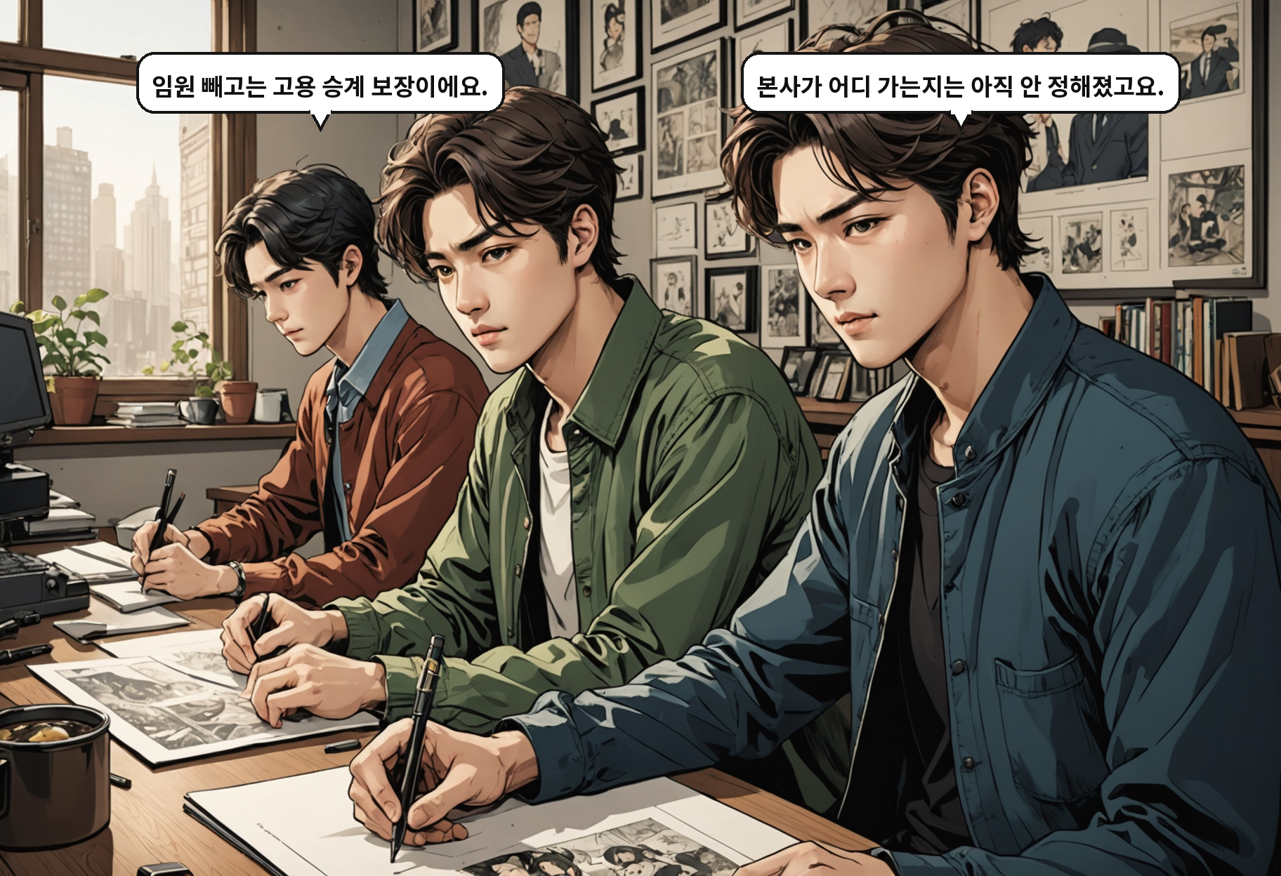 B: 임원 빼고는 고용 승계 보장이에요. A: 본사가 어디 가는지는 아직 안 정해졌고요.