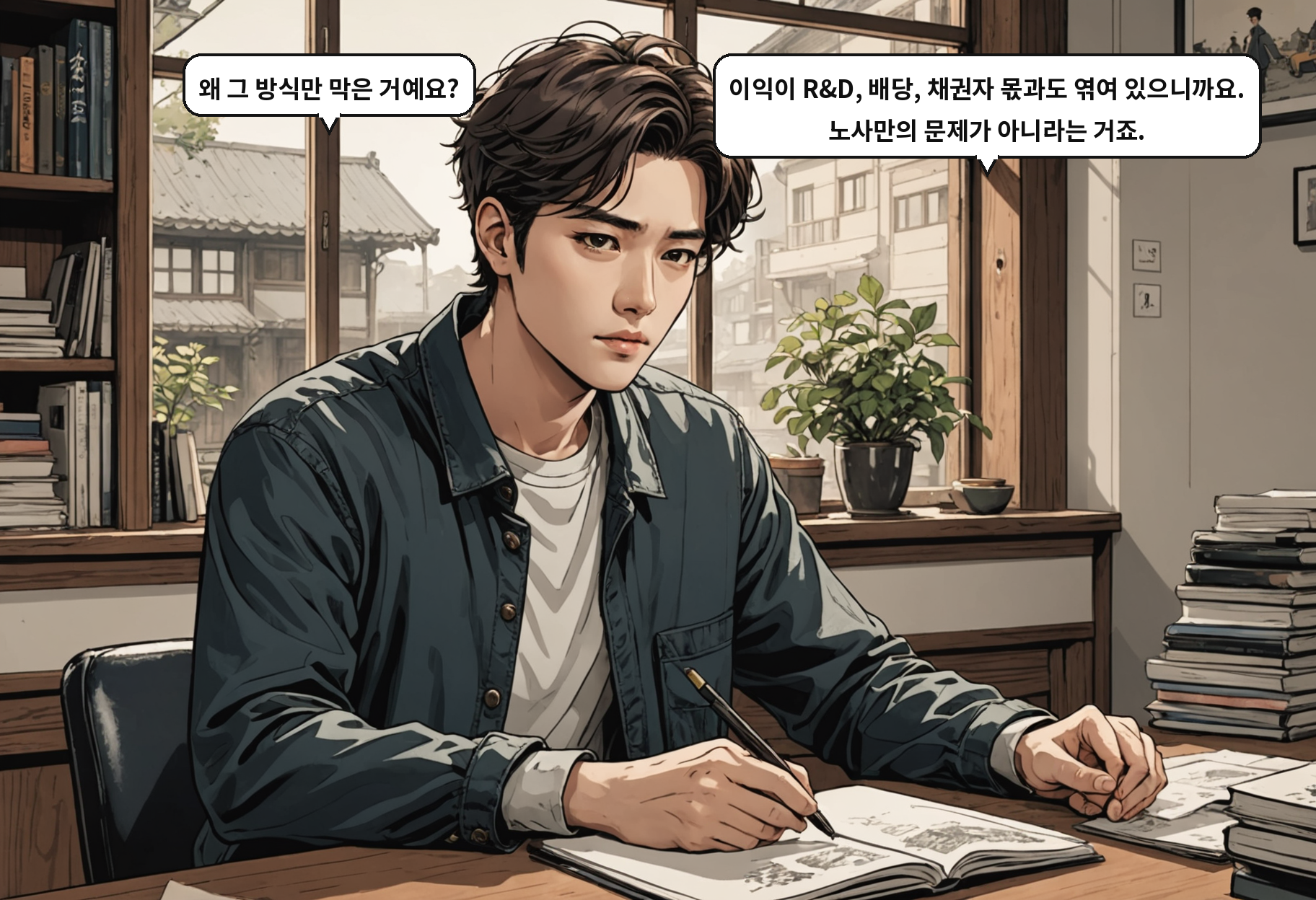 B: 왜 그 방식만 막은 거예요? A: 이익이 R&D, 배당, 채권자 몫과도 엮여 있으니까요. 노사만의 문제가 아니라는 거죠.