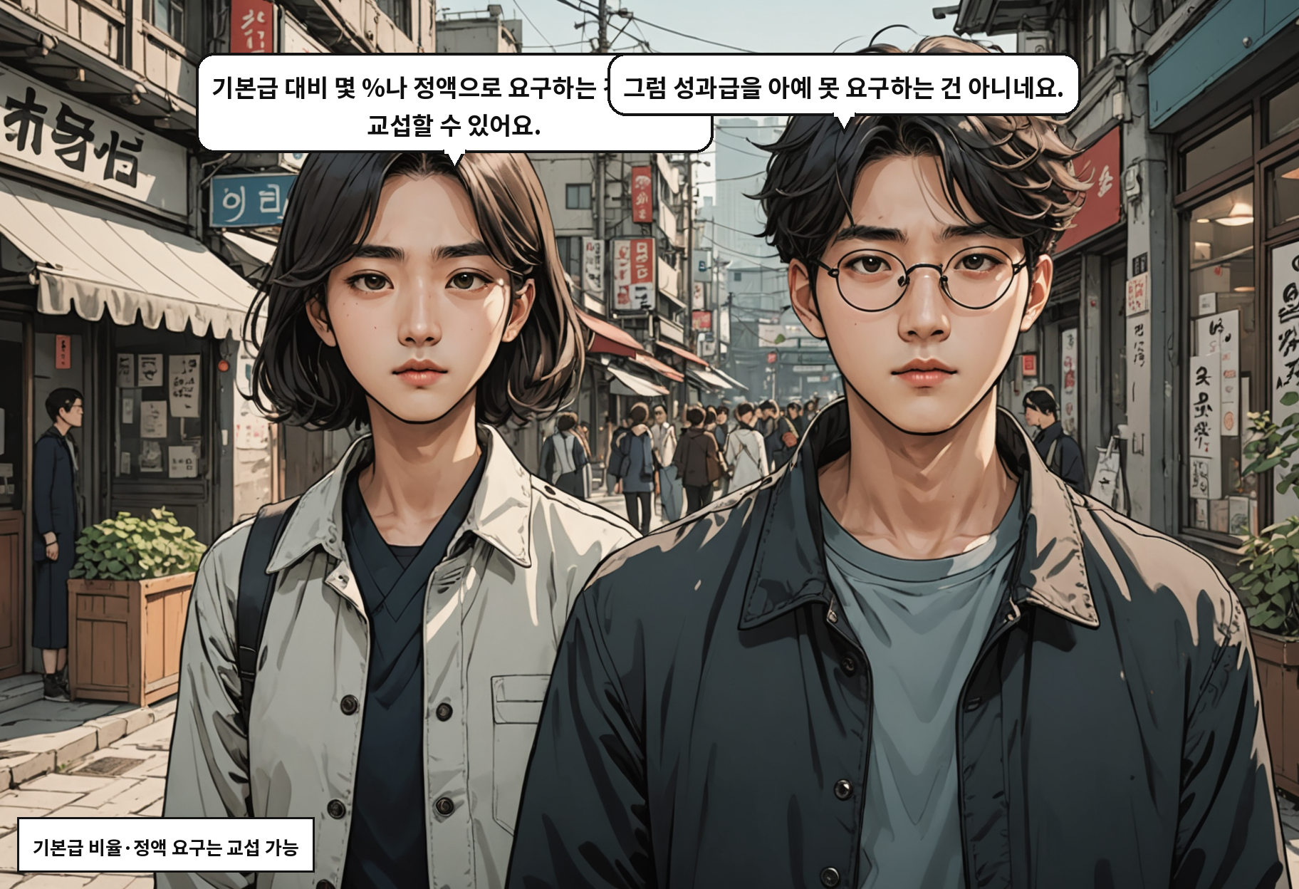 A: 기본급 대비 몇 %나 정액으로 요구하는 건 여전히 교섭할 수 있어요. B: 그럼 성과급을 아예 못 요구하는 건 아니네요.
