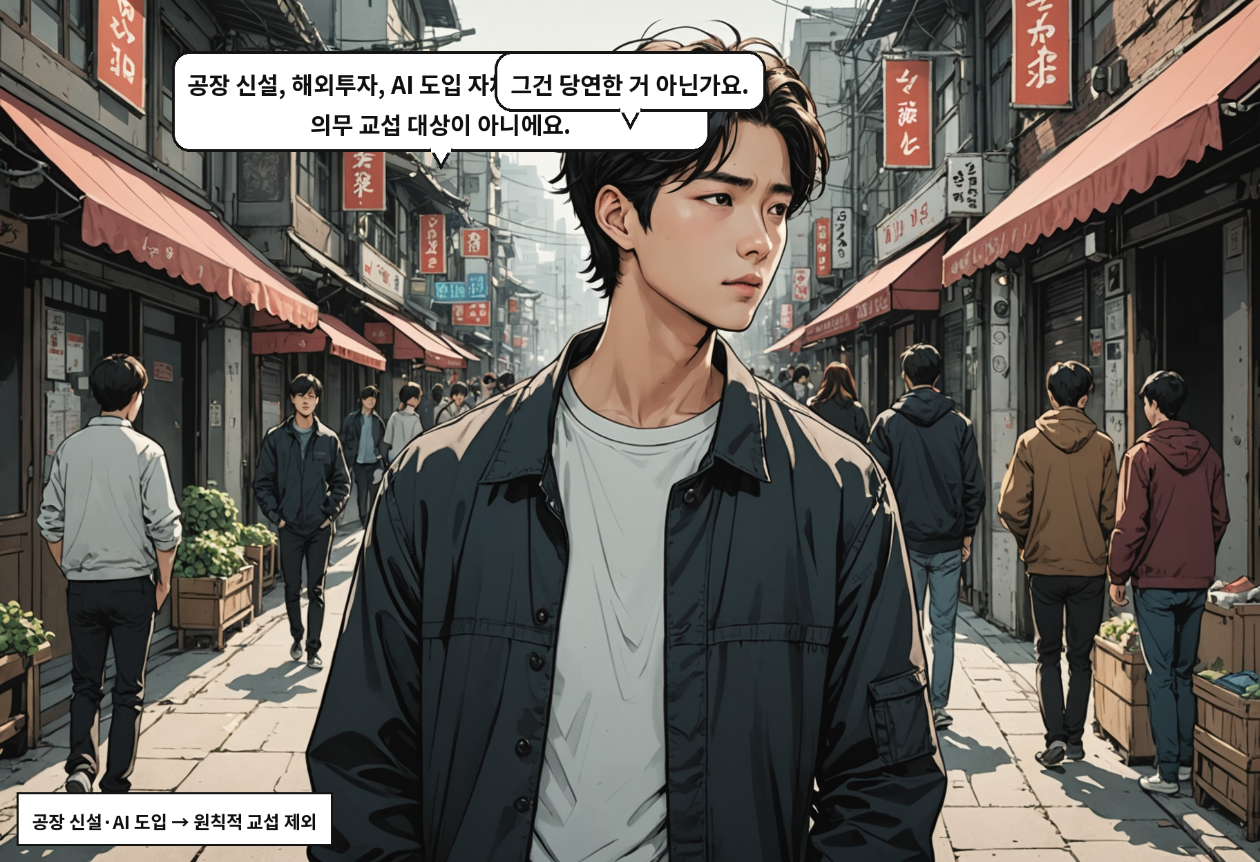 A: 공장 신설, 해외투자, AI 도입 자체에 반대하는 요구도 의무 교섭 대상이 아니에요. B: 그건 당연한 거 아닌가요.