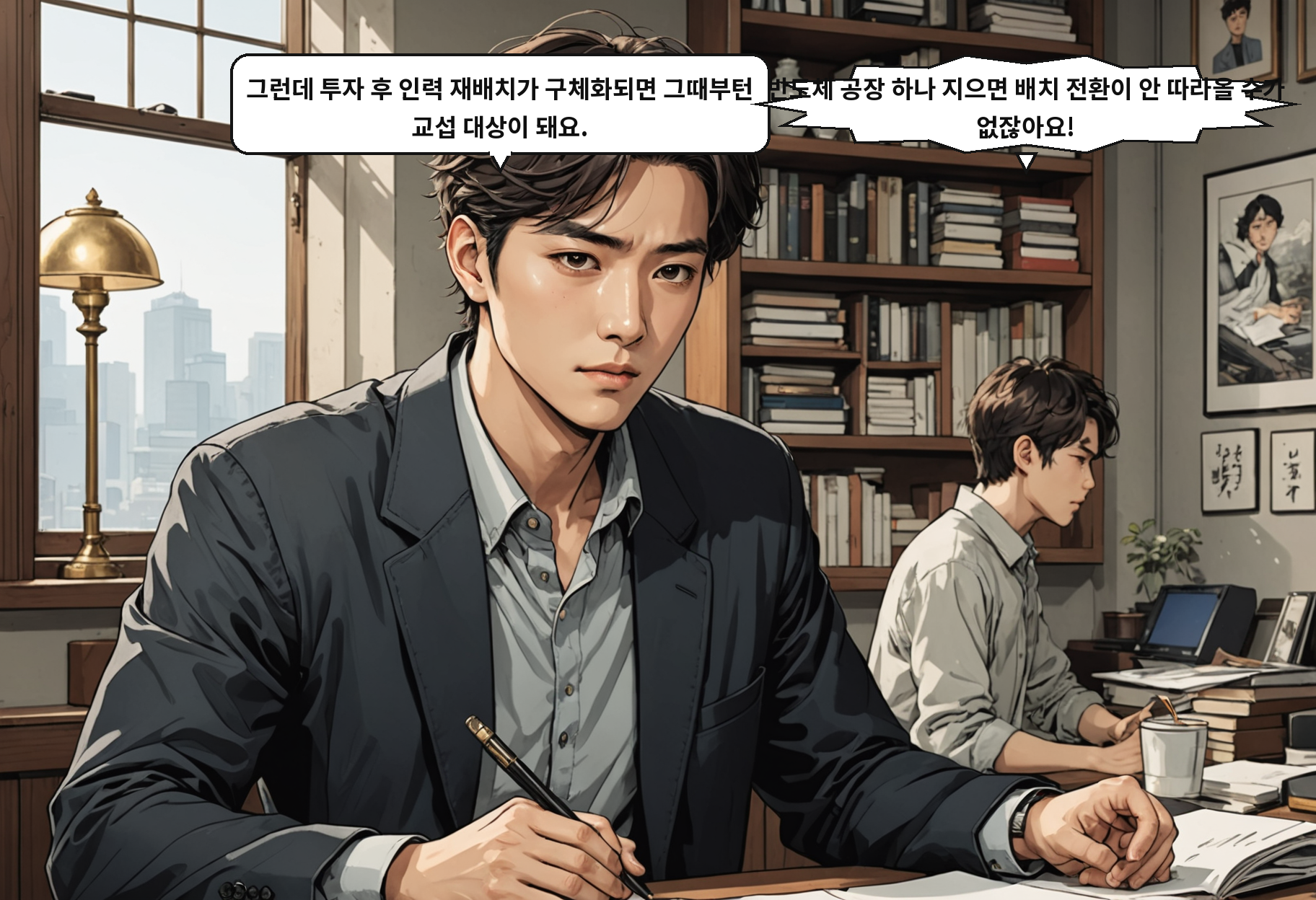 A: 그런데 투자 후 인력 재배치가 구체화되면 그때부턴 교섭 대상이 돼요. B: 반도체 공장 하나 지으면 배치 전환이 안 따라올 수가 없잖아요!