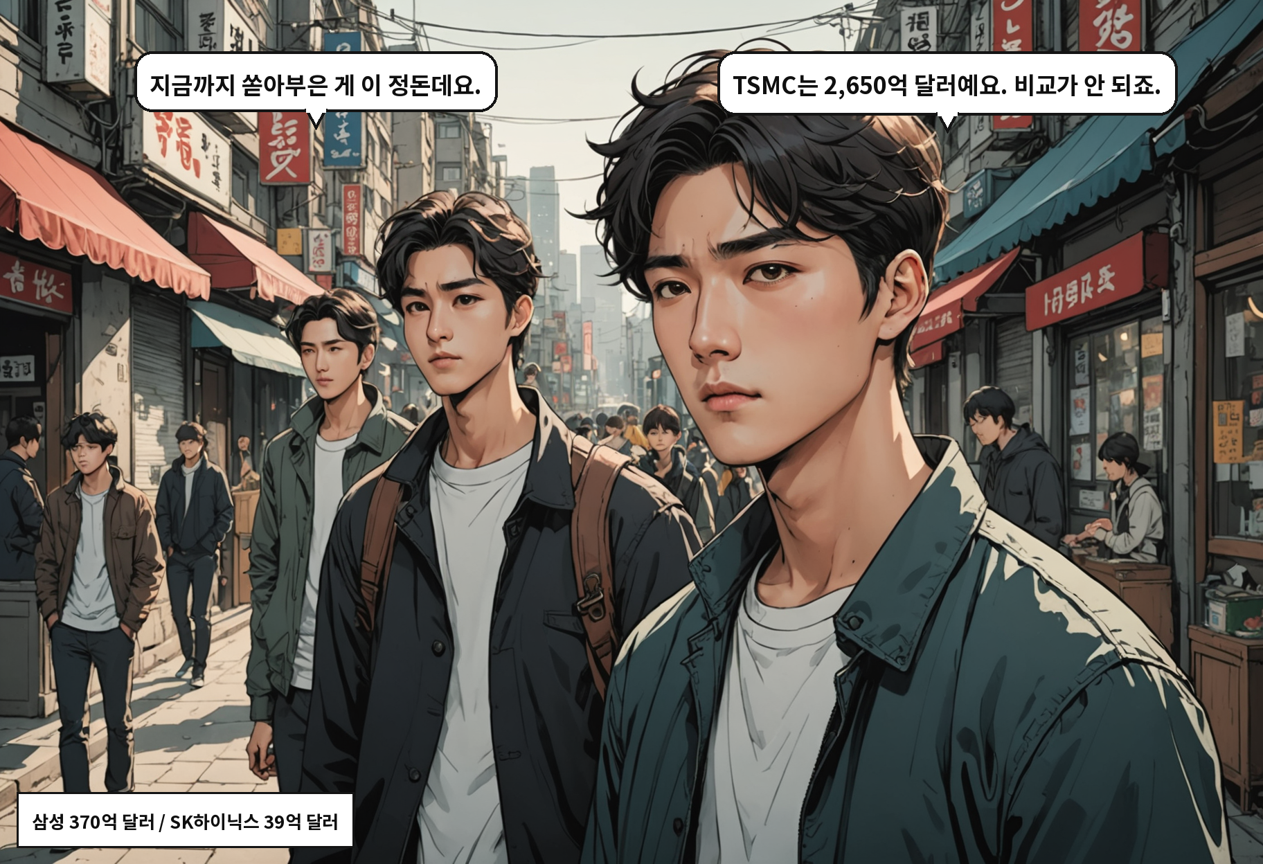 B: 지금까지 쏟아부은 게 이 정돈데. A: TSMC는 2650억 달러예요. 규모가 다른 게임이에요.