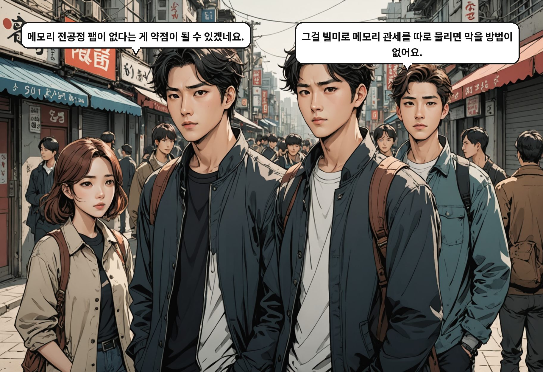 A: 삼성은 파운드리, SK는 후공정만 짓고 있어요. 메모리 전공정 팹은 없어요. B: 그걸 지으라고 압박할 수 있는 구조네.