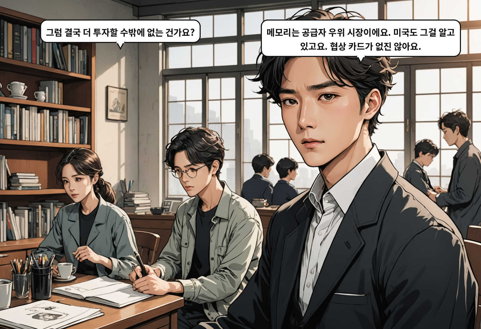 B: 결국 메모리 전공정 팹 투자를 피할 수 없는 건가요. A: 메모리는 공급자 우위 시장이에요. 그게 협상 카드예요.