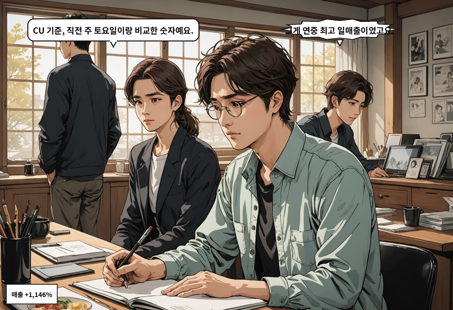 A: CU 기준, 직전 주 토요일이랑 비교한 숫자예요. B: 그게 연중 최고 일매출이었고요.