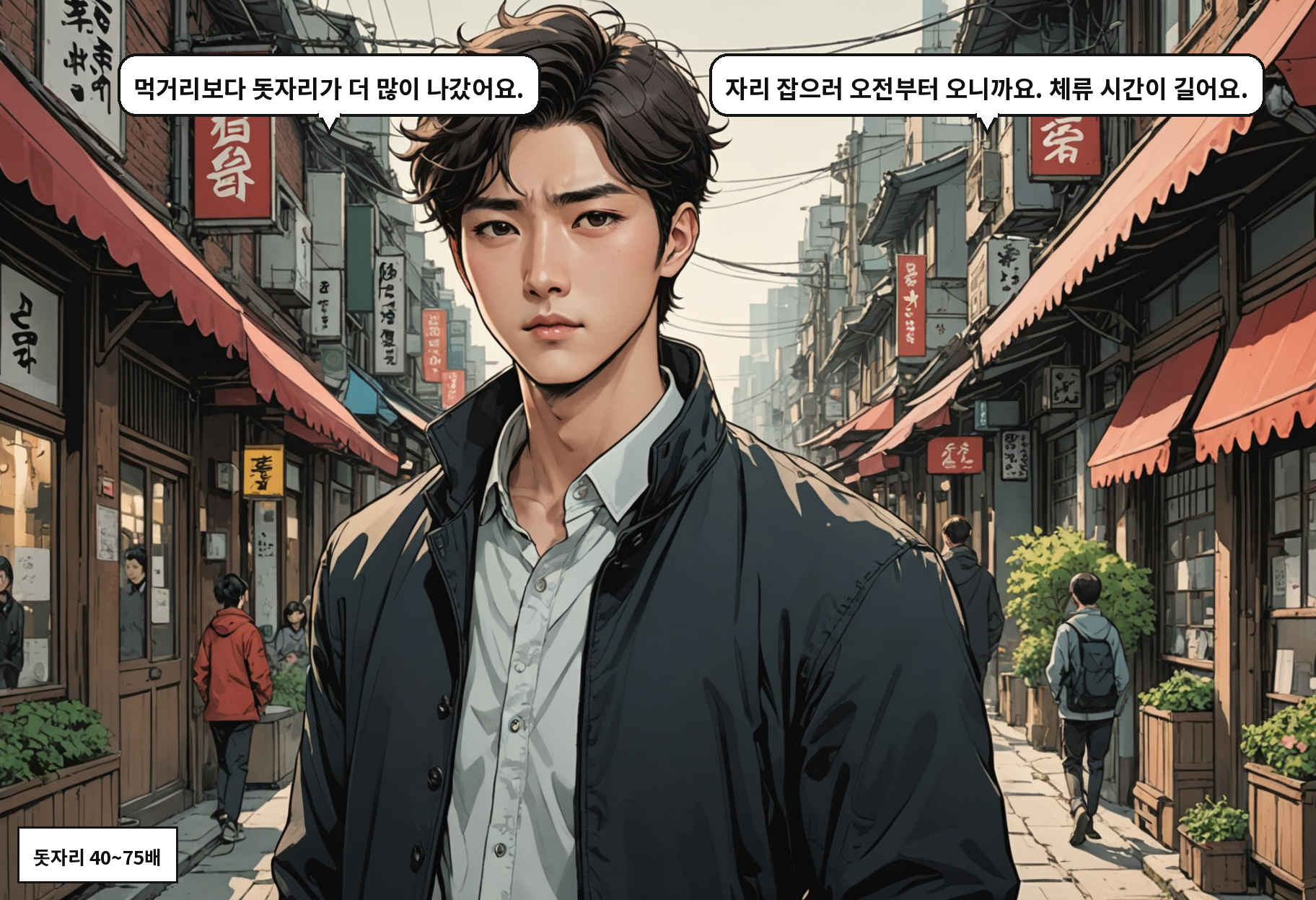 B: 먹거리보다 돗자리가 더 많이 나갔어요. A: 자리 잡으러 오전부터 오니까요. 체류 시간이 길어요.