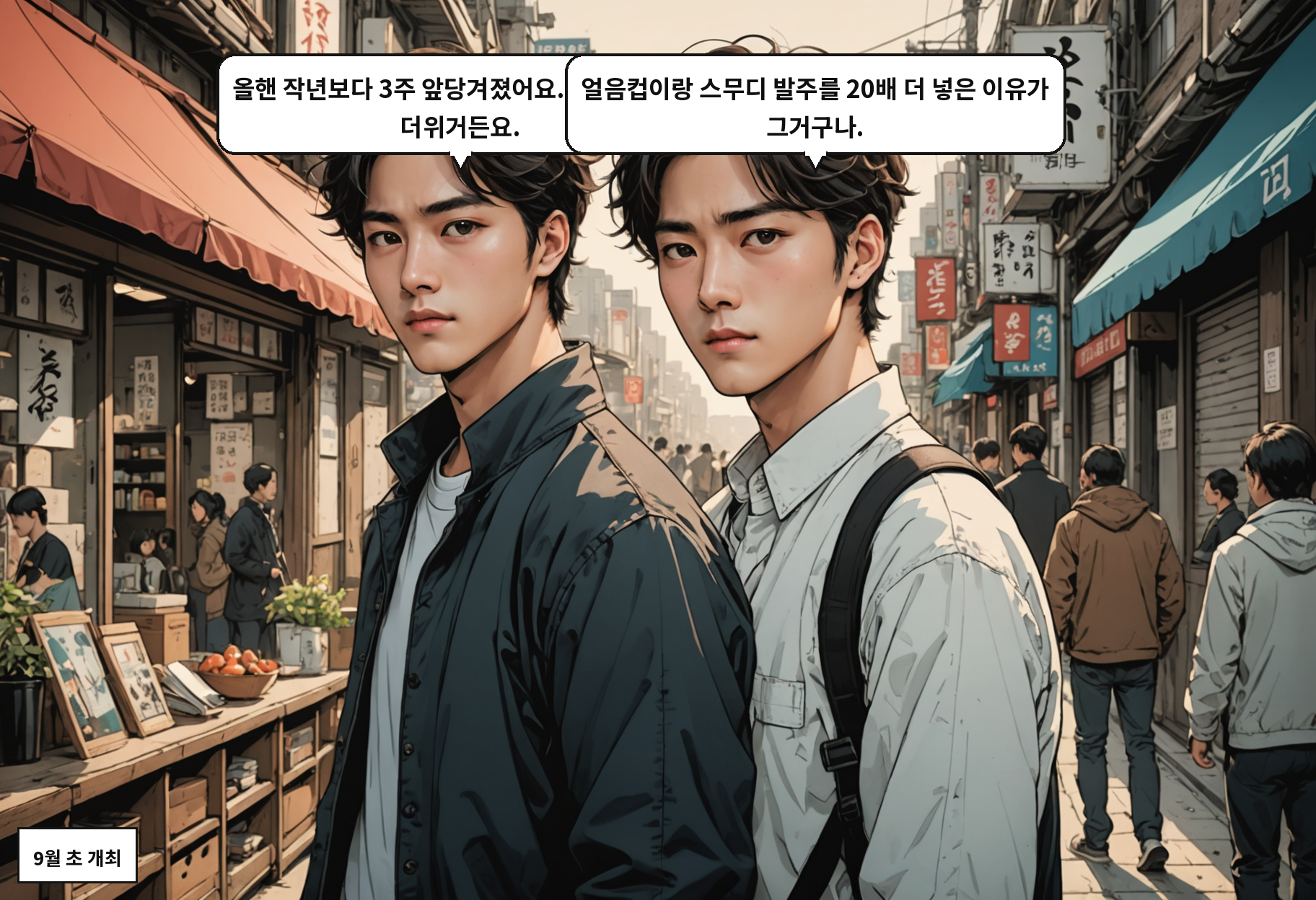 A: 올핸 작년보다 3주 앞당겨졌어요. 아직 한여름 더위거든요. B: 얼음컵이랑 스무디 발주를 20배 더 넣은 이유가 그거구나.