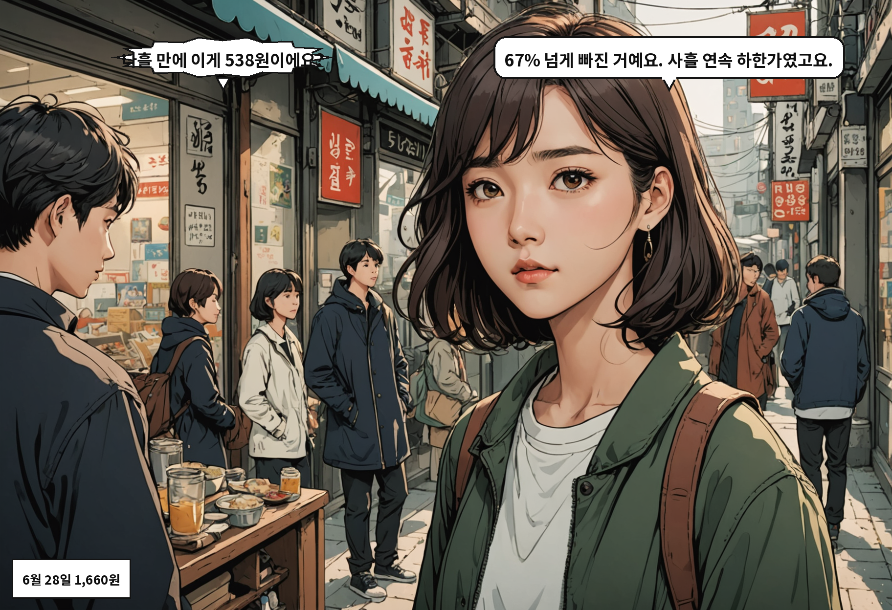 B: 나흘 만에 이게 538원이에요? A: 67% 넘게 빠진 거예요. 사흘 연속 하한가였고요.