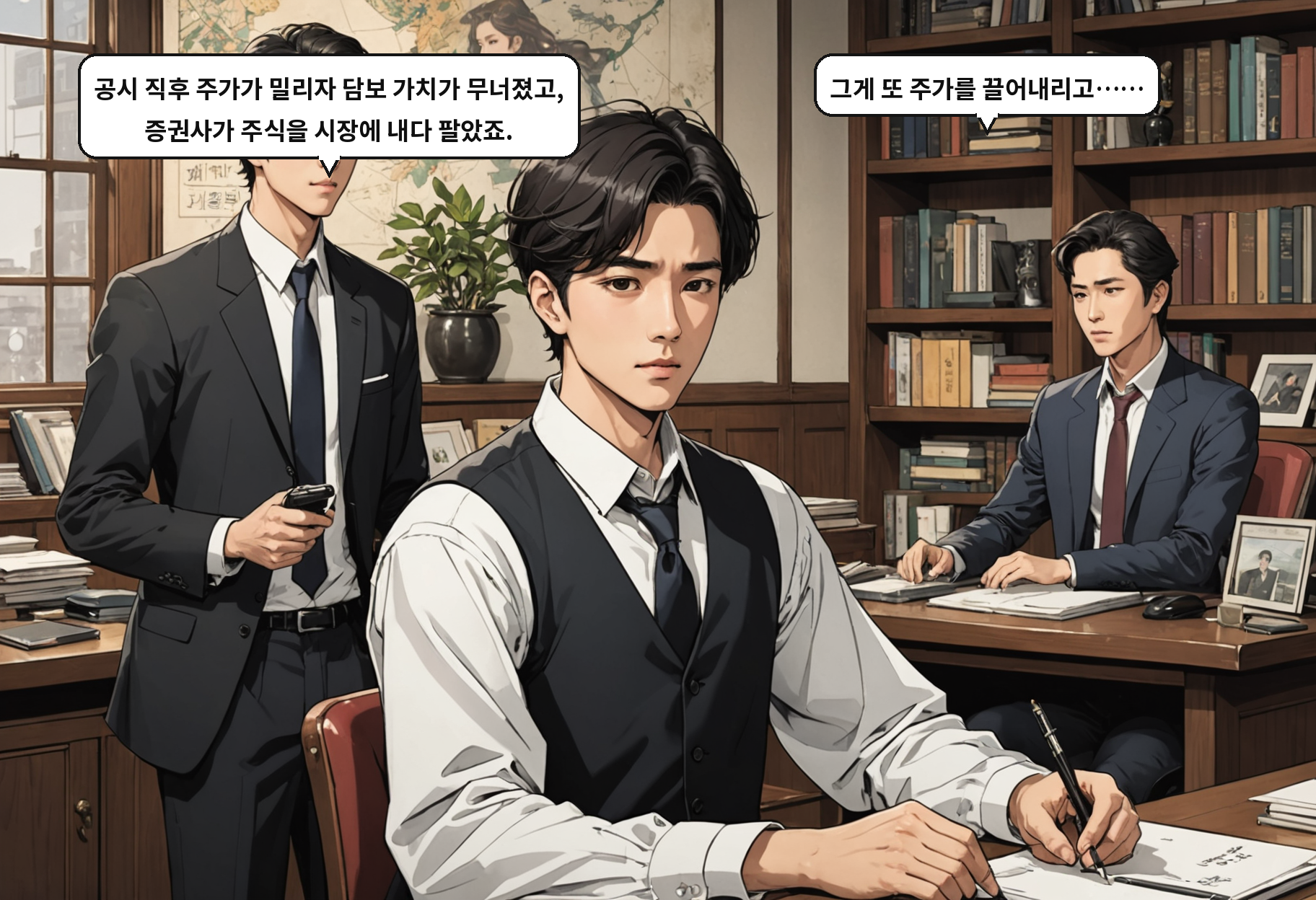 A: 공시 직후 주가가 밀리자 담보 가치가 무너졌고, 증권사가 주식을 시장에 내다 팔았죠. B: 그게 또 주가를 끌어내리고……