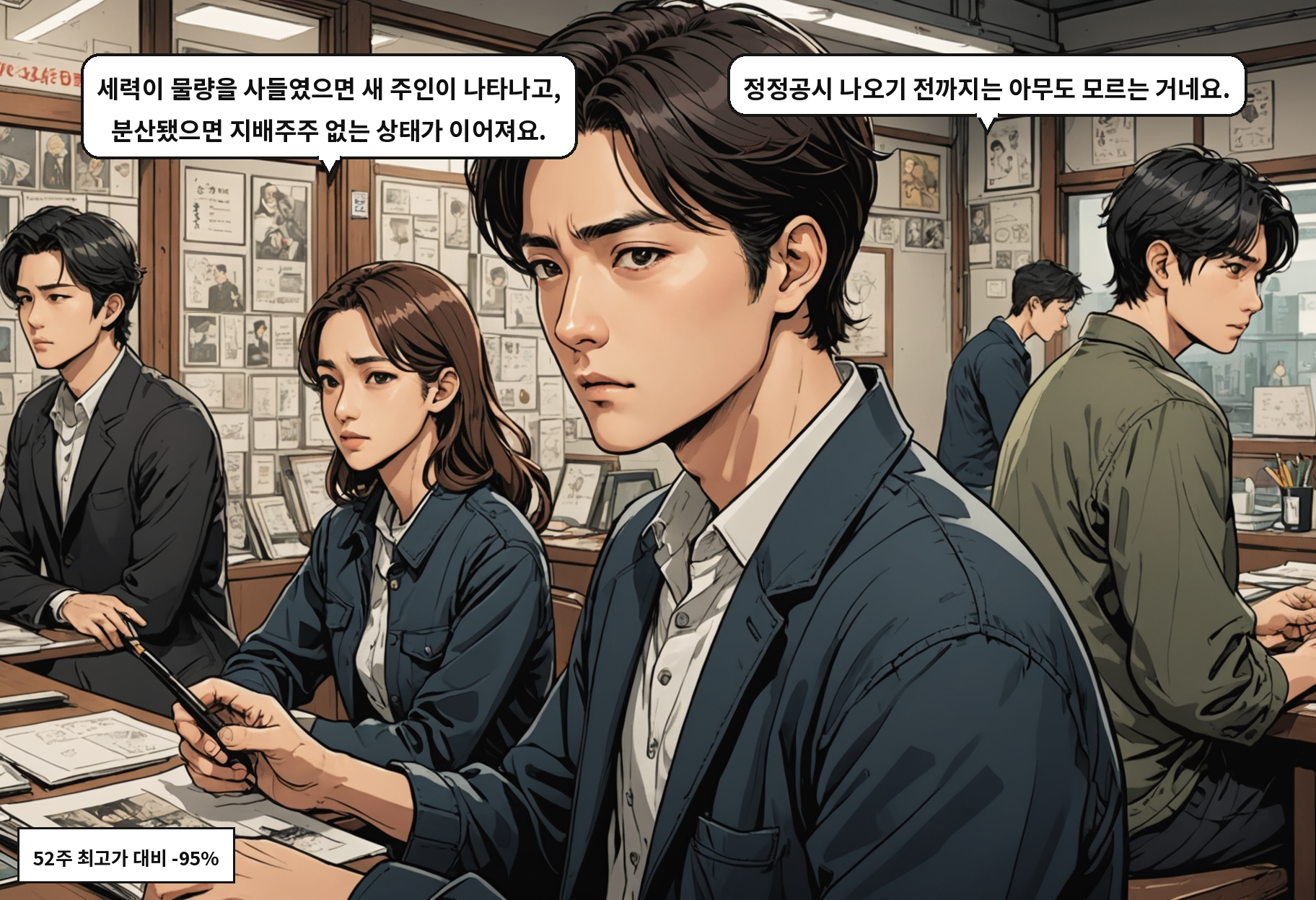 A: 세력이 물량을 사들였으면 새 주인이 나타나고, 분산됐으면 지배주주 없는 상태가 이어져요. B: 정정공시 나오기 전까지는 아무도 모르는 거네요.