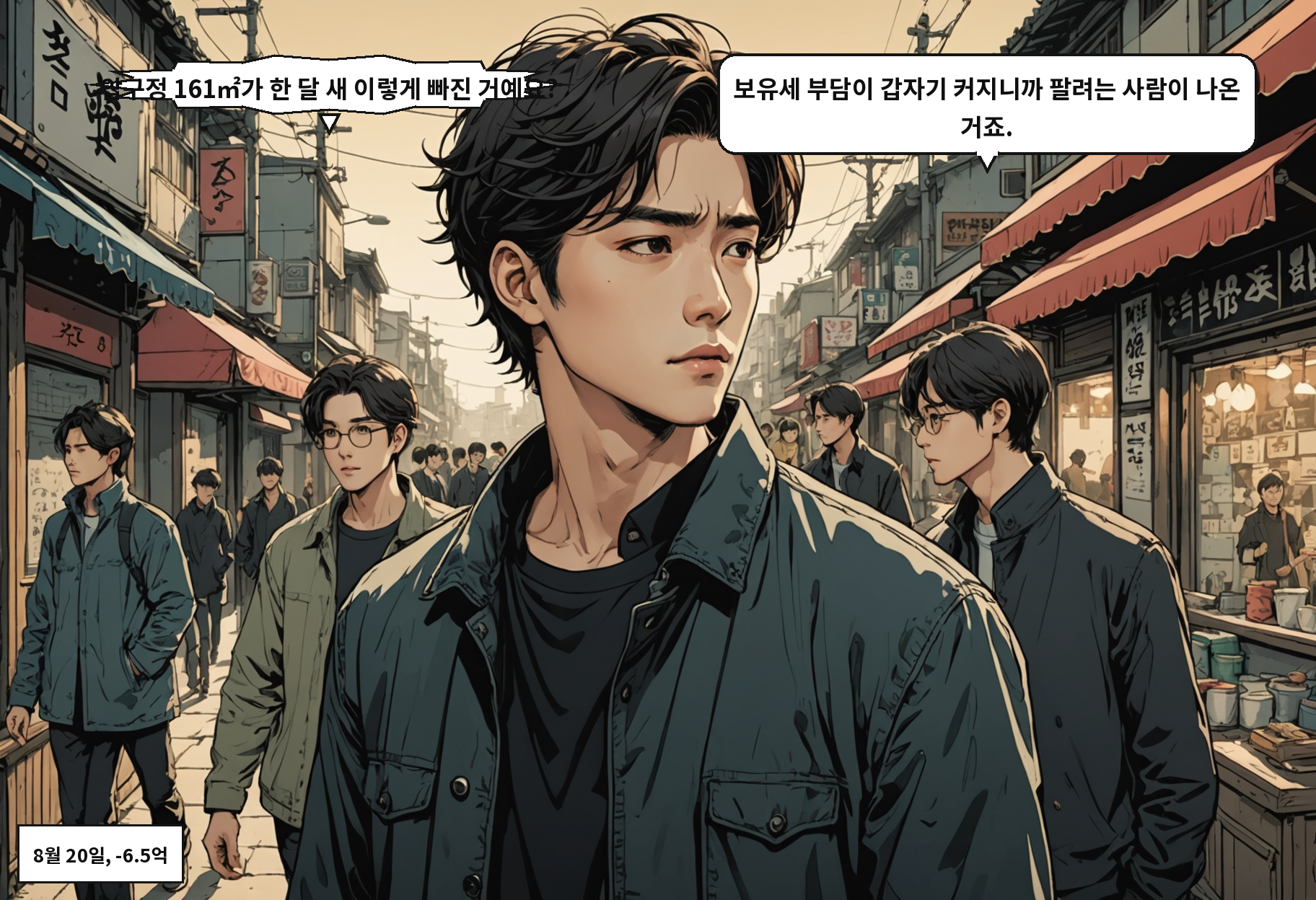 B: 압구정 161㎡가 한 달 새 이렇게 빠진 거예요? A: 보유세 부담이 갑자기 커지니까 팔려는 사람이 나온 거죠.