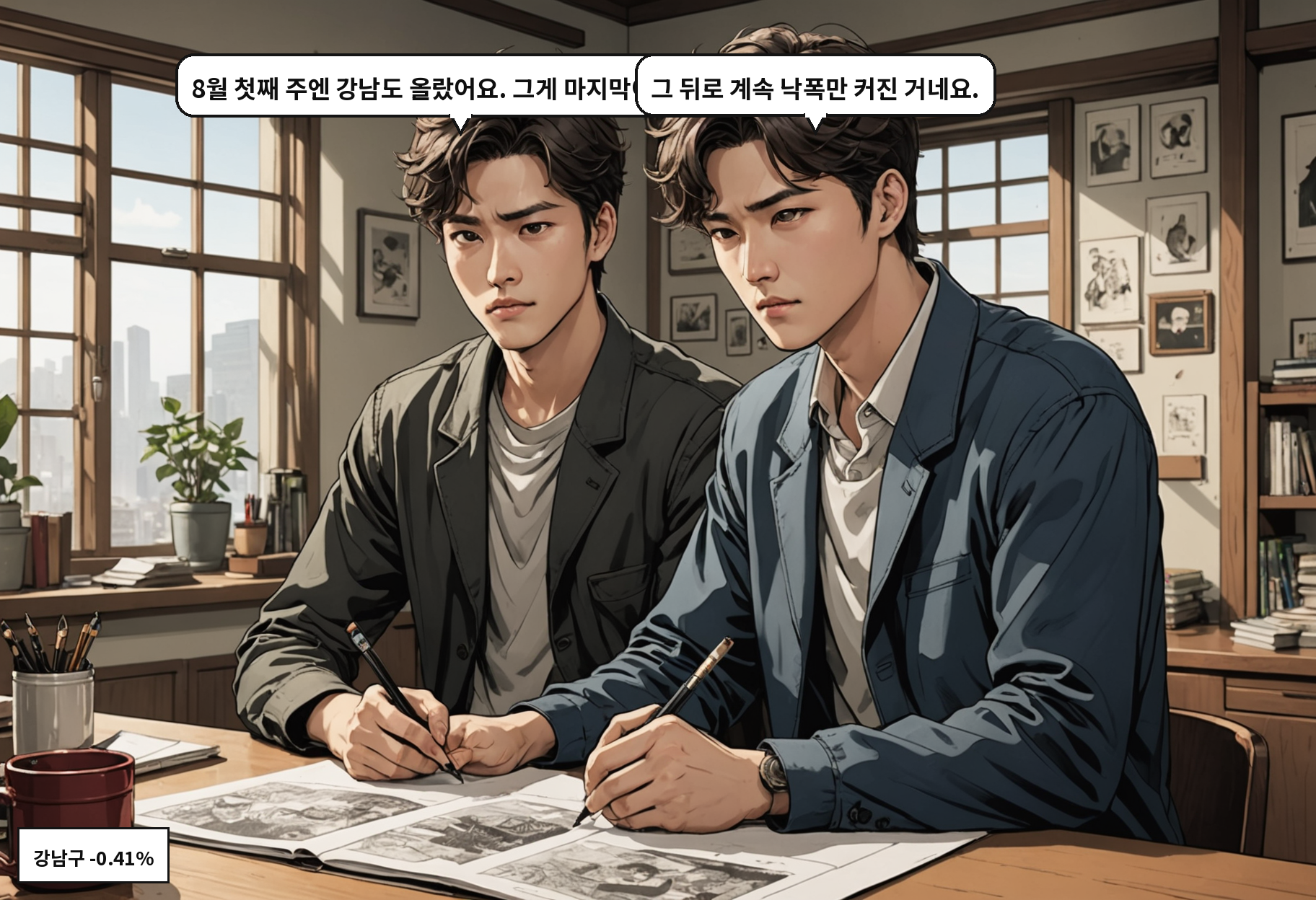 A: 8월 첫째 주엔 강남도 올랐어요. 그게 마지막이었고요. B: 그 뒤로 계속 낙폭만 커진 거네요.