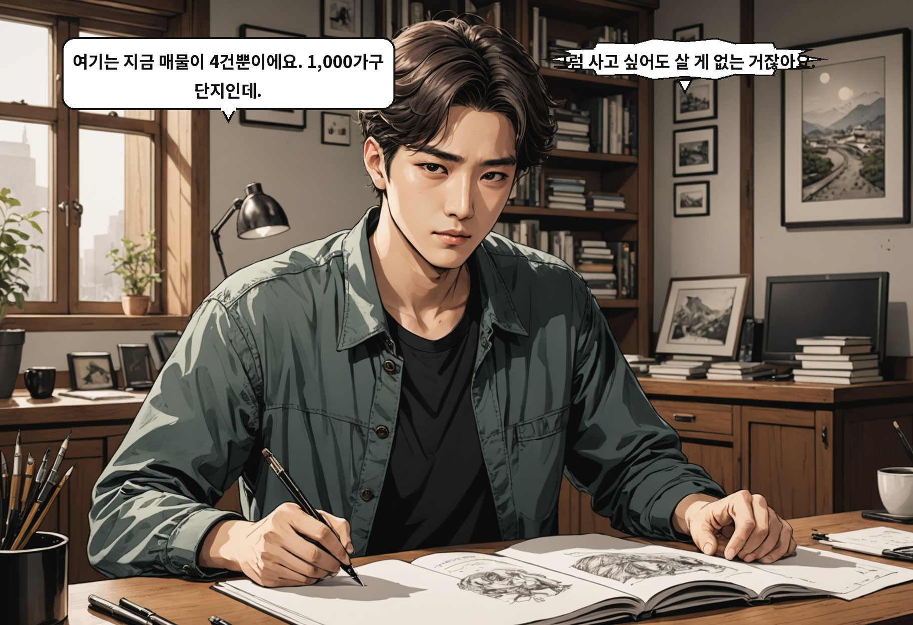 A: 여기는 지금 매물이 4건뿐이에요. 1,000가구 단지인데. B: 그럼 사고 싶어도 살 게 없는 거잖아요.