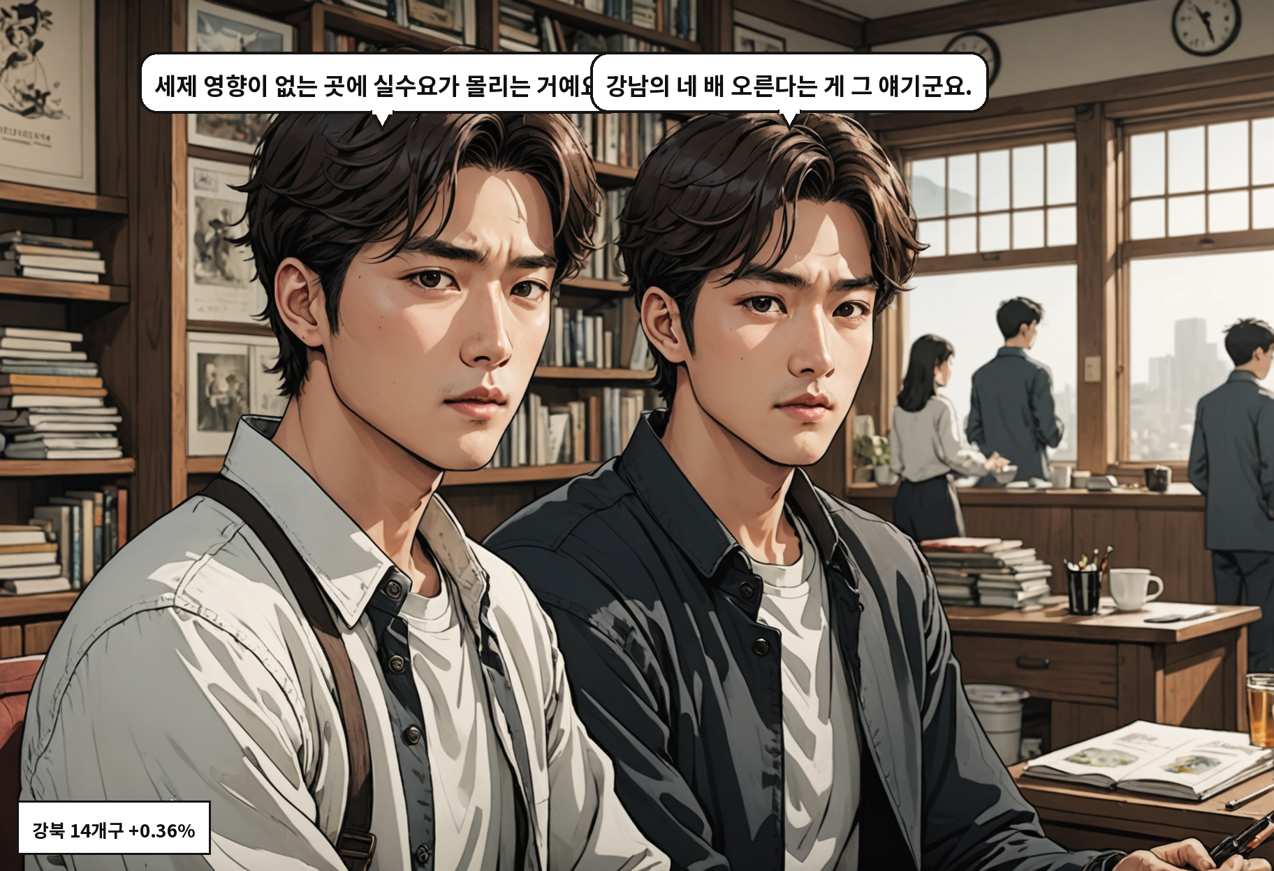 A: 세제 영향이 없는 곳에 실수요가 몰리는 거예요. B: 강남의 네 배 오른다는 게 그 얘기군요.