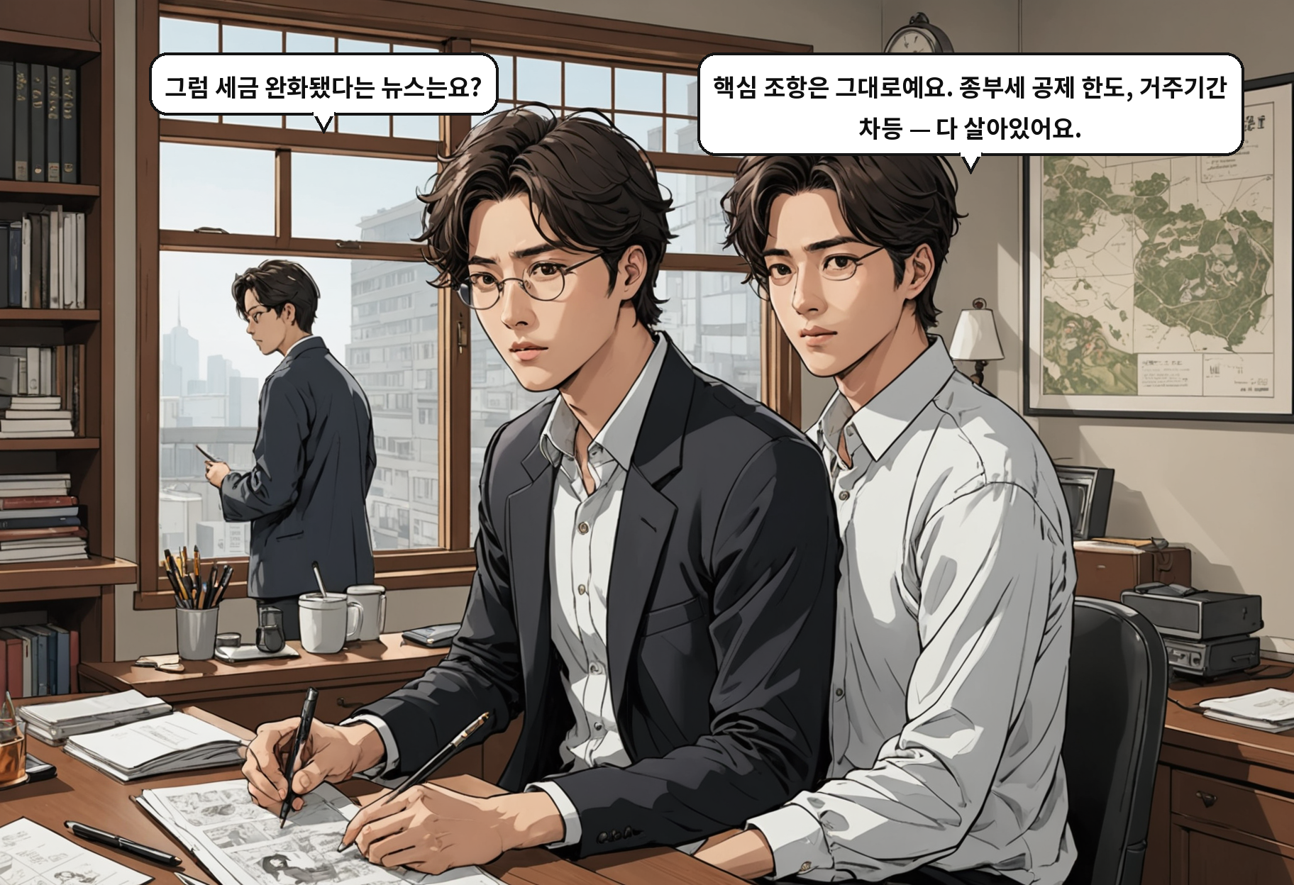 B: 그럼 세금 완화됐다는 뉴스는요? A: 핵심 조항은 그대로예요. 종부세 공제 한도, 거주기간 차등 — 다 살아있어요.