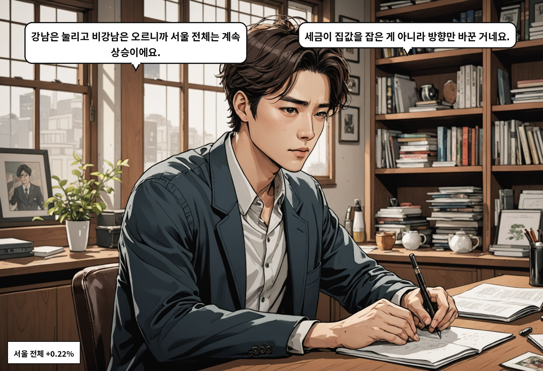A: 강남은 눌리고 비강남은 오르니까 서울 전체는 계속 상승이에요. B: 세금이 집값을 잡은 게 아니라 방향만 바꾼 거네요.