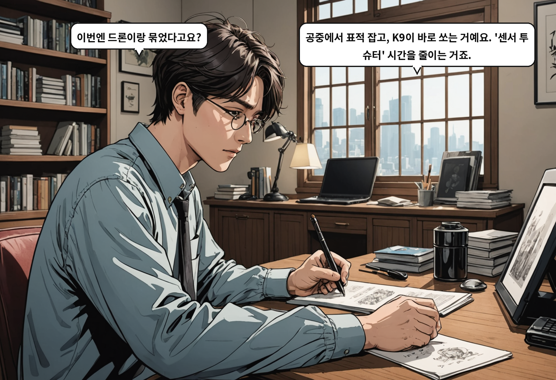 A: 이번엔 드론이랑 묶었다고요? B: 공중에서 표적 잡고, K9이 바로 쏘는 거예요. '센서 투 슈터' 시간을 줄이는 거죠.