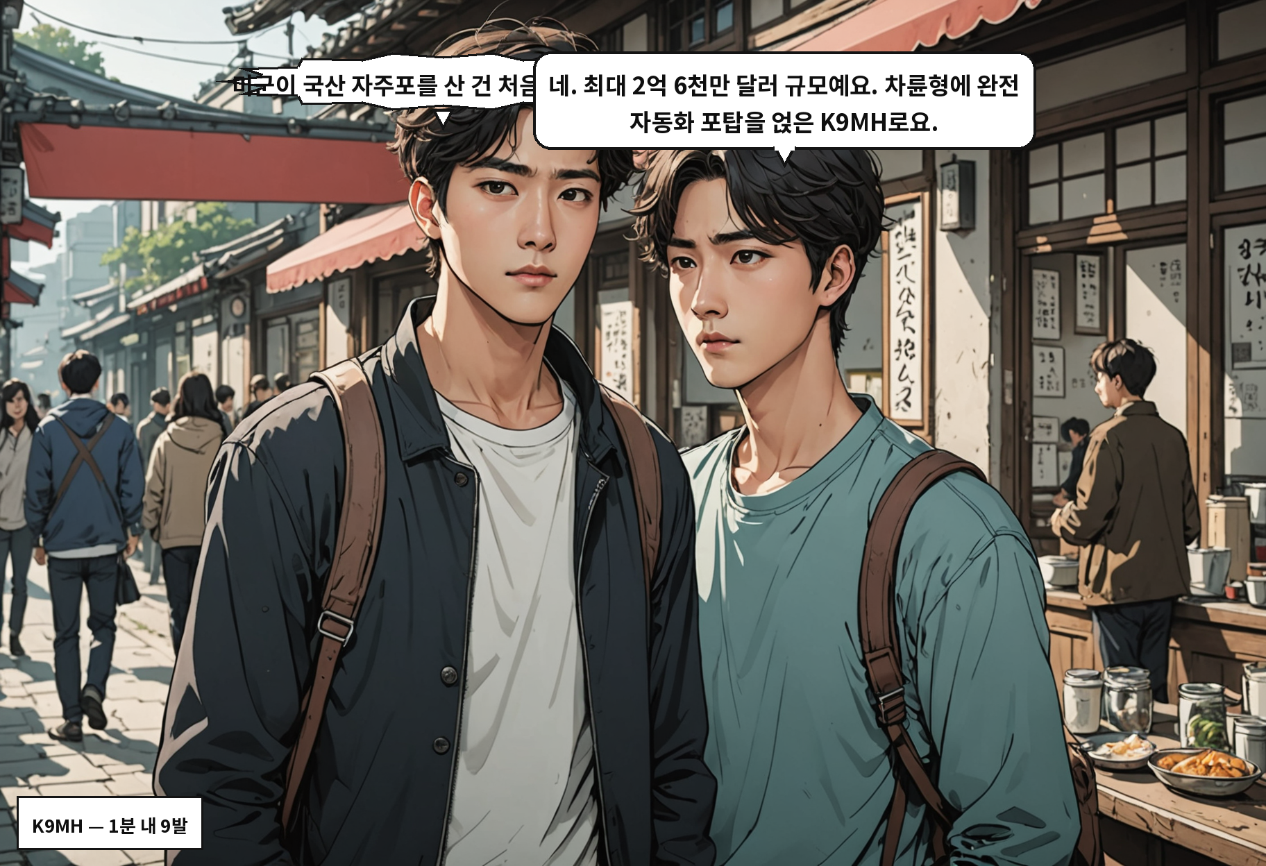 A: 미군이 국산 자주포를 산 건 처음 아닌가요?! B: 네. 최대 2억 6천만 달러 규모예요. 차륜형에 완전 자동화 포탑을 얹은 K9MH로요.