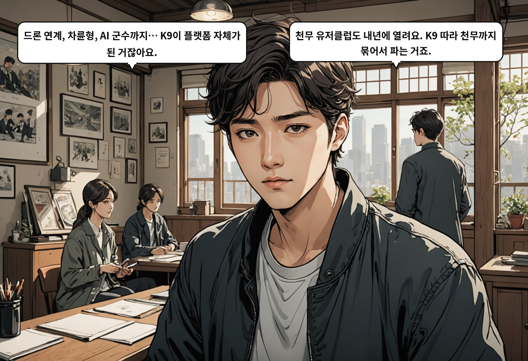A: 드론 연계, 차륜형, AI 군수까지… K9이 플랫폼 자체가 된 거잖아요. B: 천무 유저클럽도 내년에 열려요. K9 따라 천무까지 묶어서 파는 거죠.