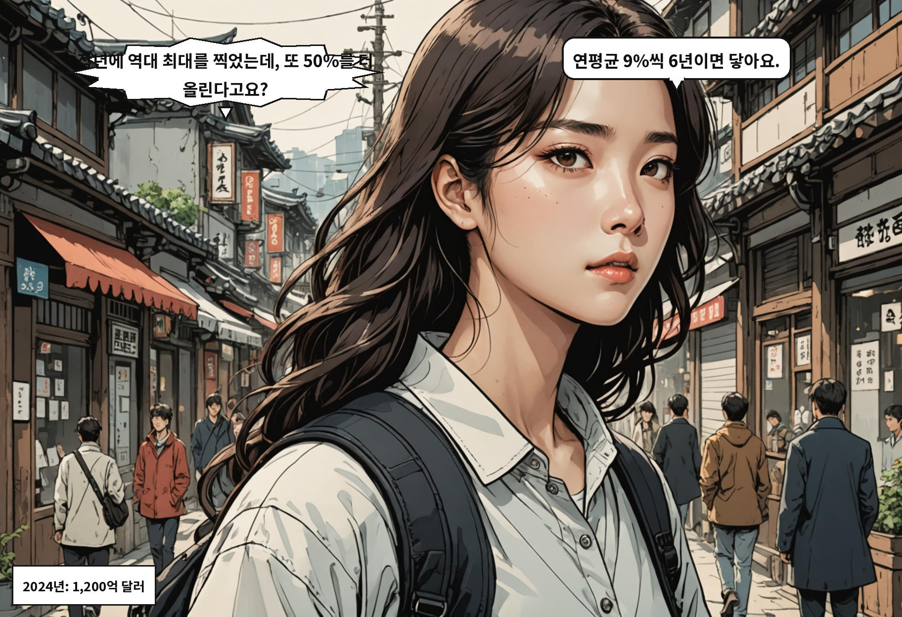 A: 작년에 역대 최대를 찍었는데, 또 50%를 더 올린다고요? B: 연평균 9%씩 6년이면 닿아요.