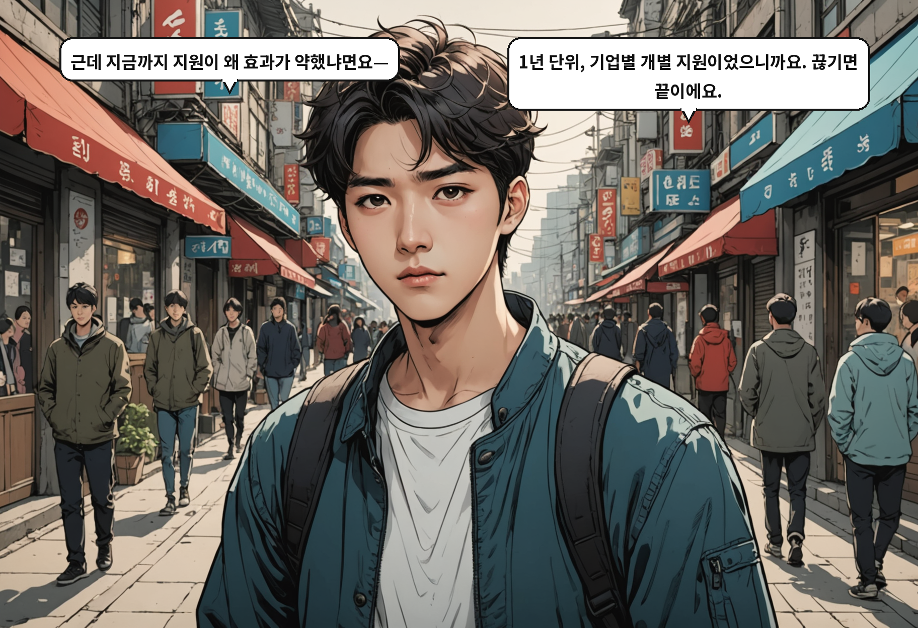A: 근데 지금까지 지원이 왜 효과가 약했냐면요— B: 1년 단위, 기업별 개별 지원이었으니까요. 끊기면 끝이에요.