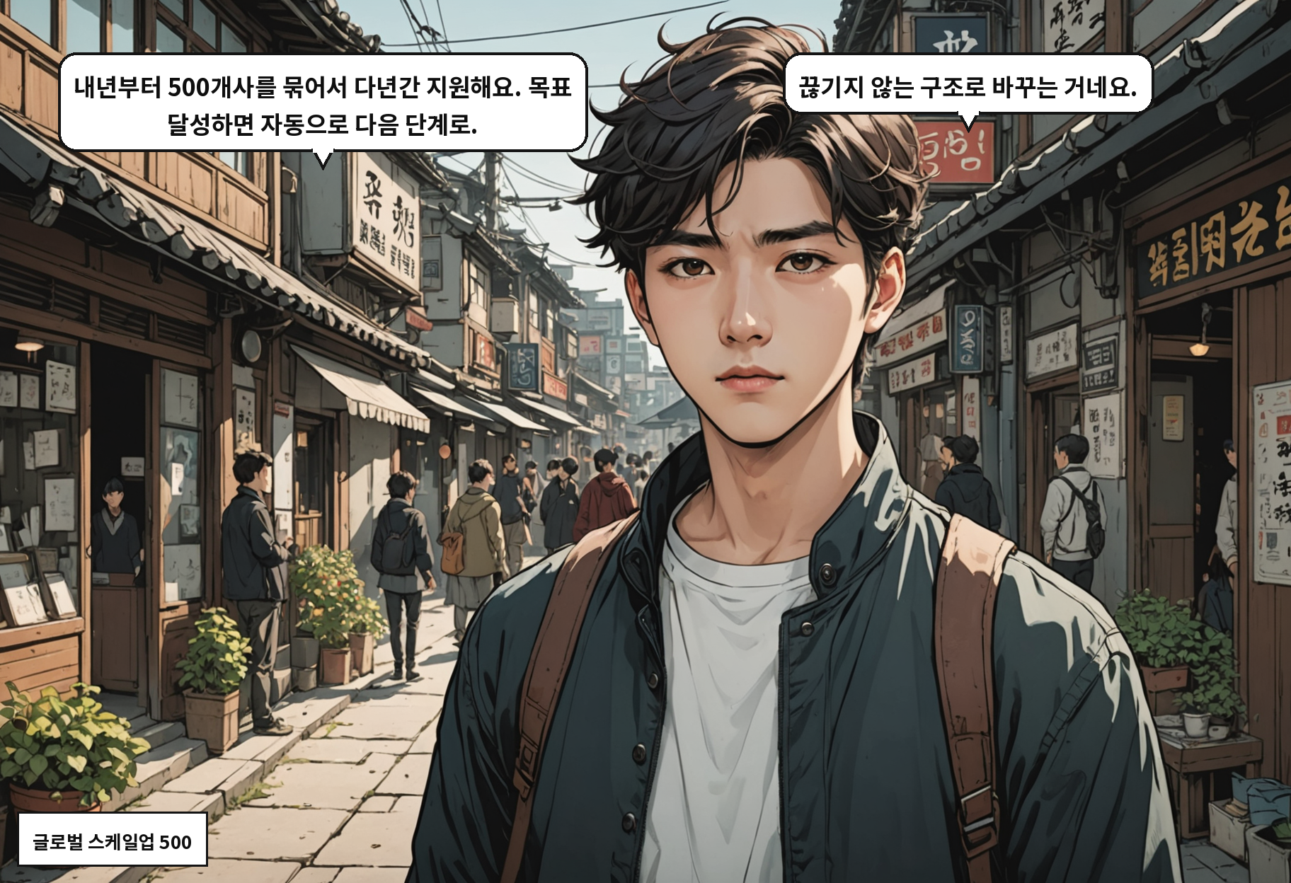 B: 내년부터 500개사를 묶어서 다년간 지원해요. 목표 달성하면 자동으로 다음 단계로. A: 끊기지 않는 구조로 바꾸는 거네요.