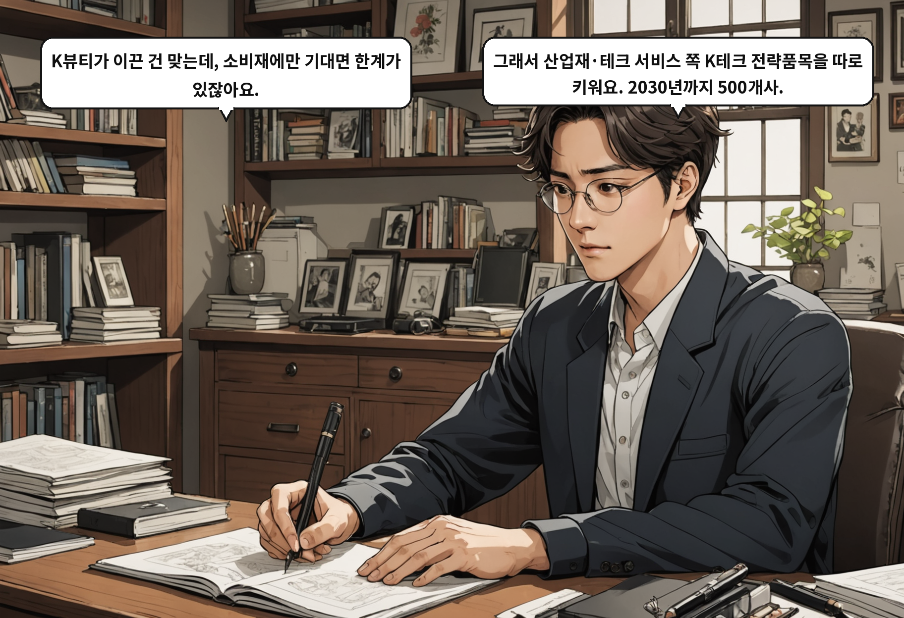 A: K뷰티가 이끈 건 맞는데, 소비재에만 기대면 한계가 있잖아요. B: 그래서 산업재·테크 서비스 쪽 K테크 전략품목을 따로 키워요. 2030년까지 500개사.