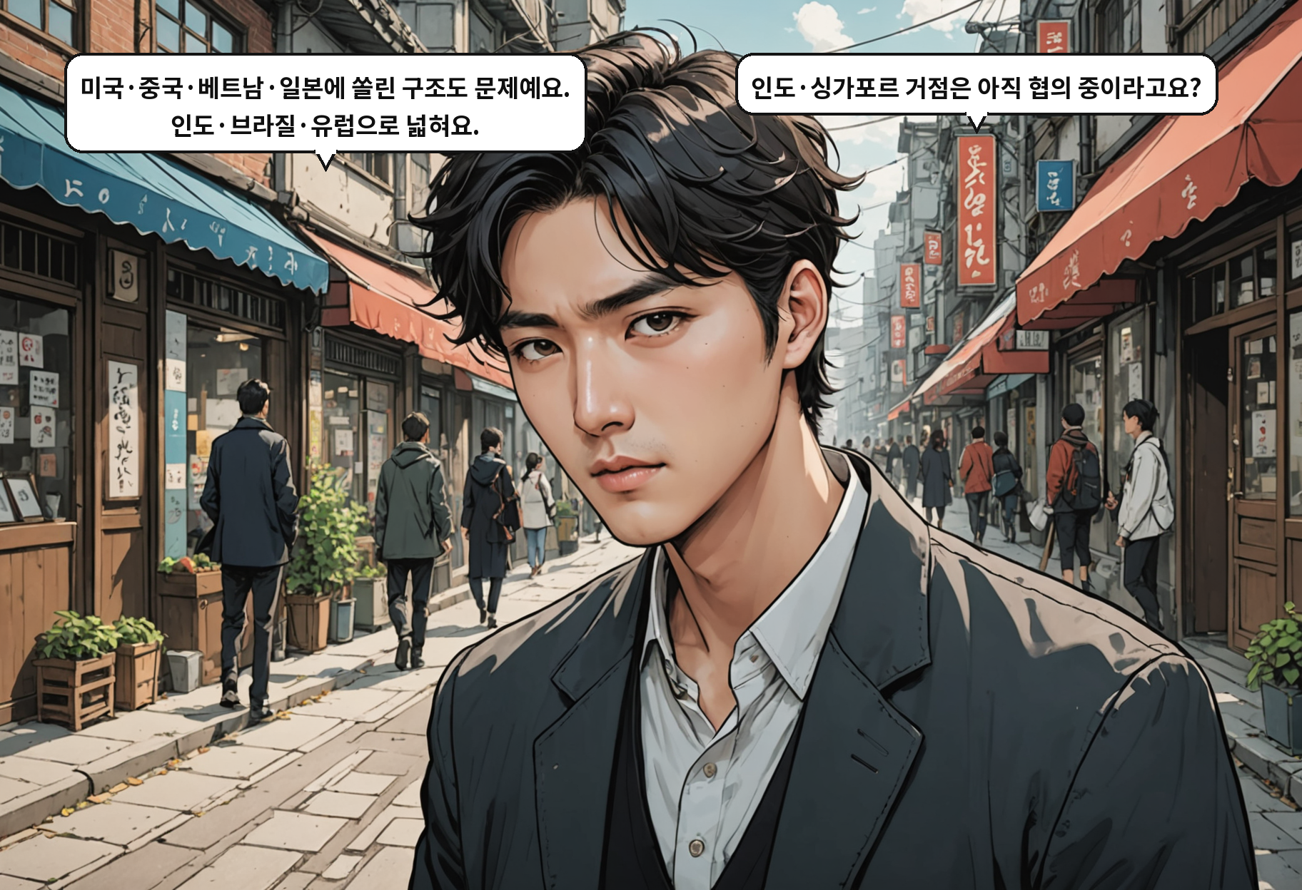 B: 미국·중국·베트남·일본에 쏠린 구조도 문제예요. 인도·브라질·유럽으로 넓혀요. A: 인도·싱가포르 거점은 아직 협의 중이라고요?