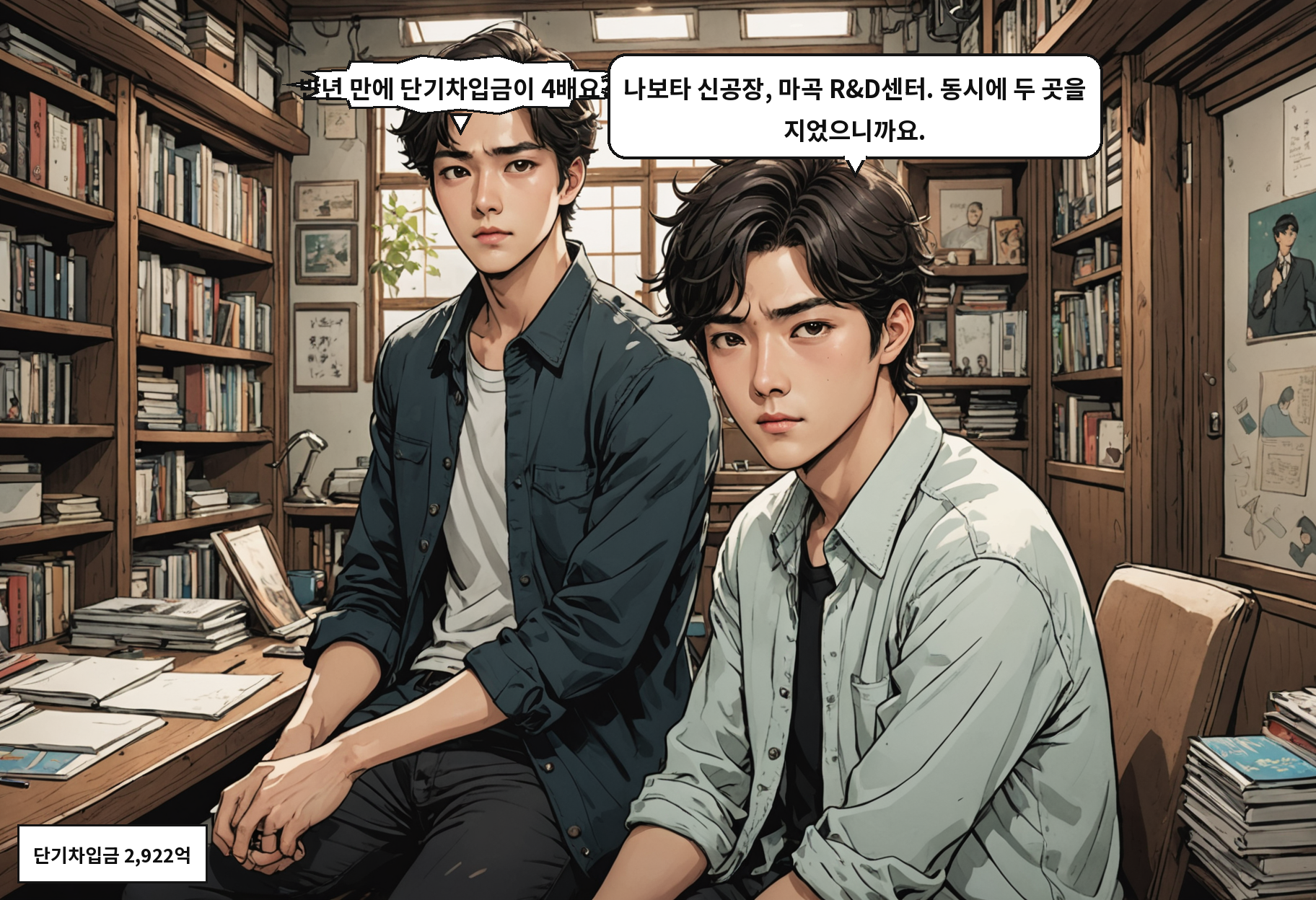 B: 반년 만에 단기차입금이 4배요?! A: 나보타 신공장, 마곡 R&D센터. 동시에 두 곳을 지었으니까요.